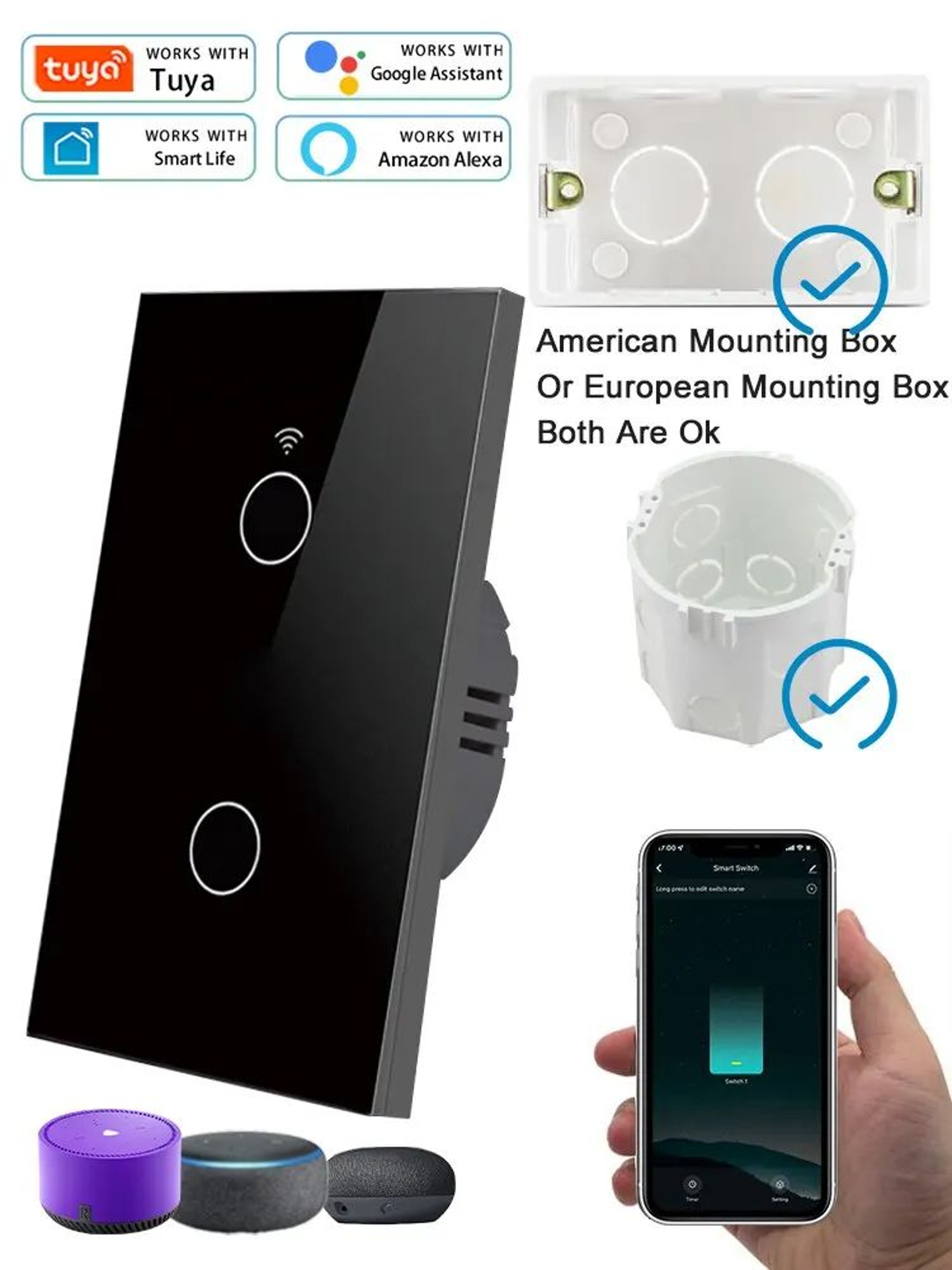 WiFi Smart Touch Light Switch  US Standard No Neutral Wall Switch With Voice App  433MHz RF Control 15