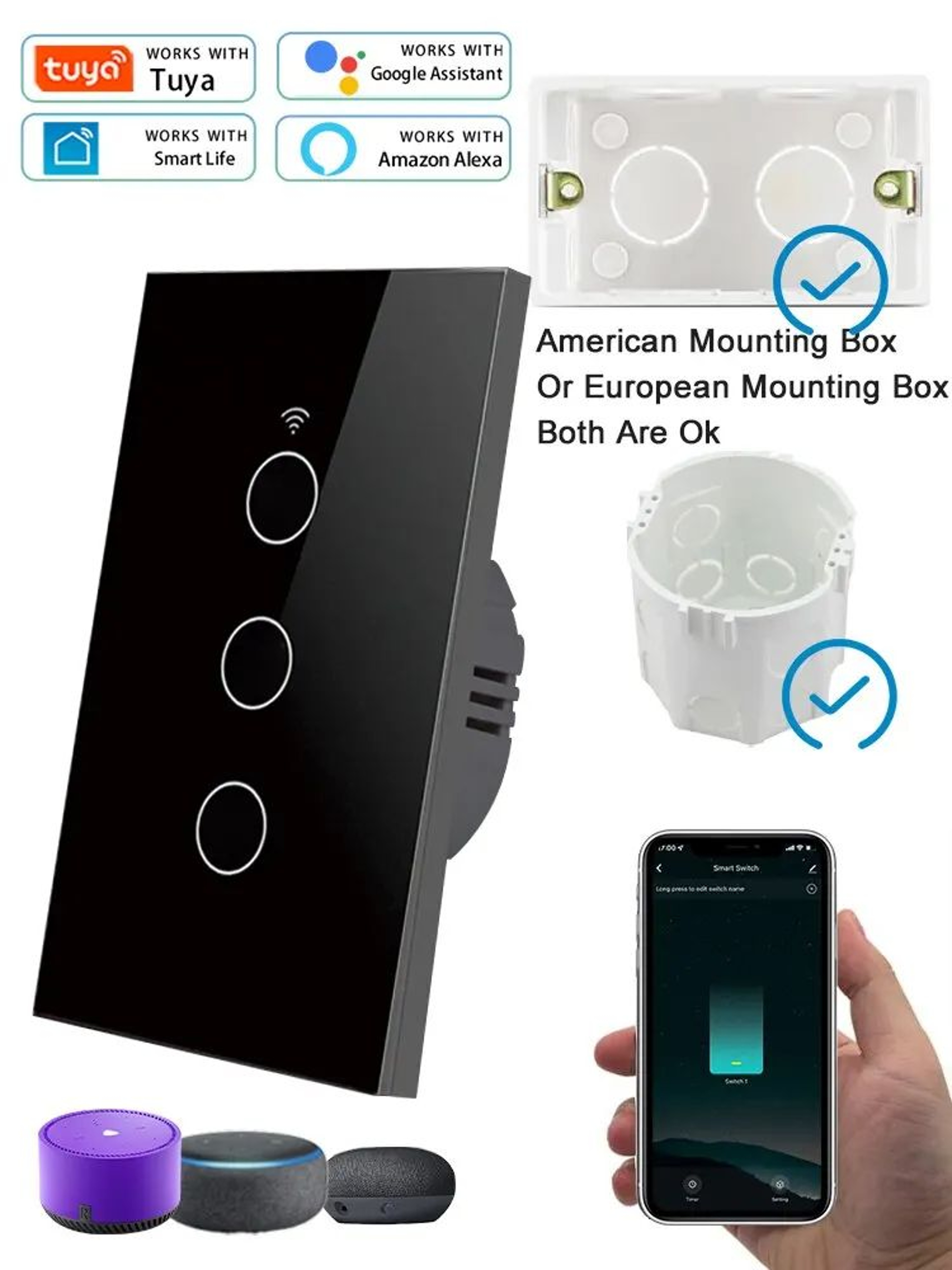 WiFi Smart Touch Light Switch  US Standard No Neutral Wall Switch With Voice App  433MHz RF Control 16
