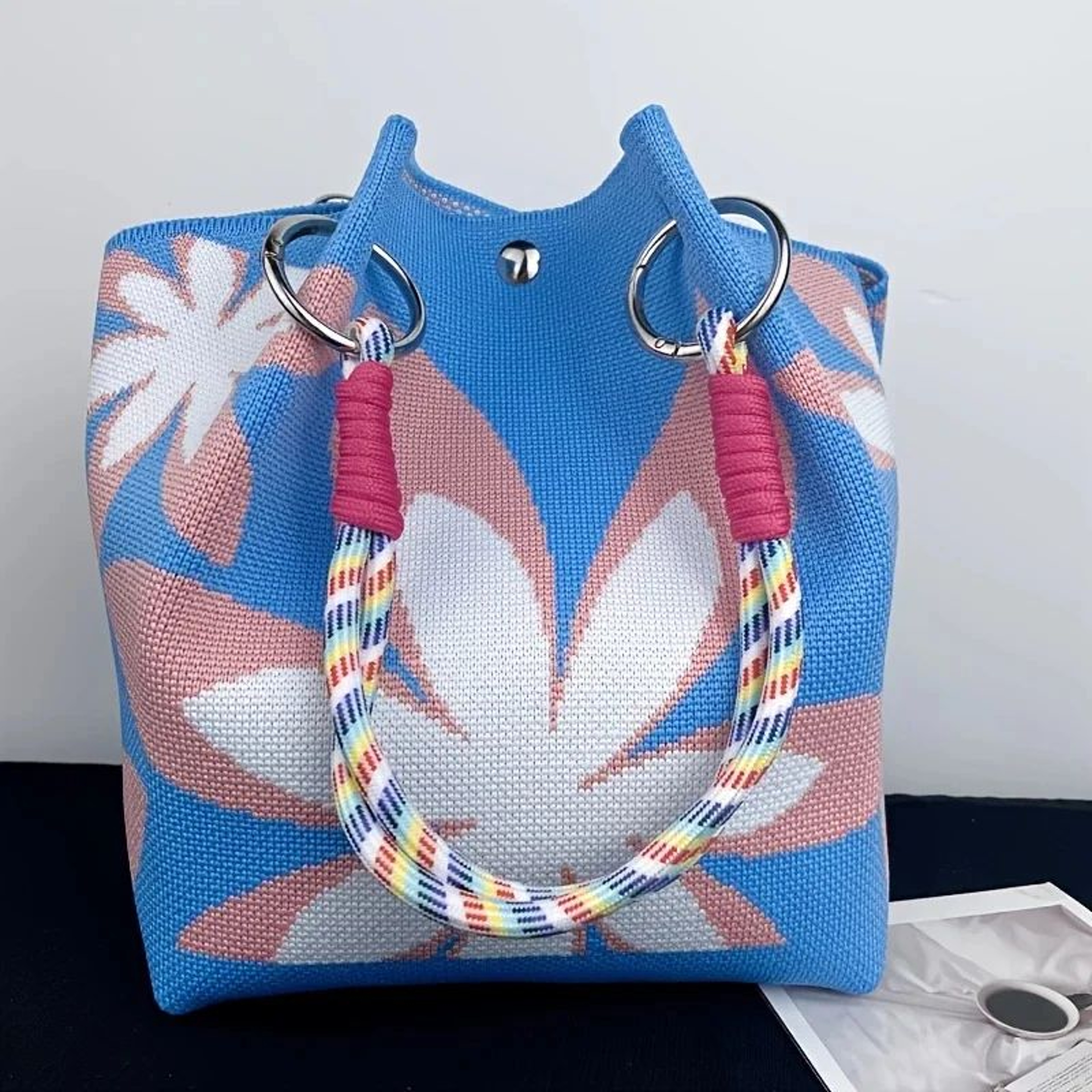 Vintage Floral Knit Tote Bag For Women 1
