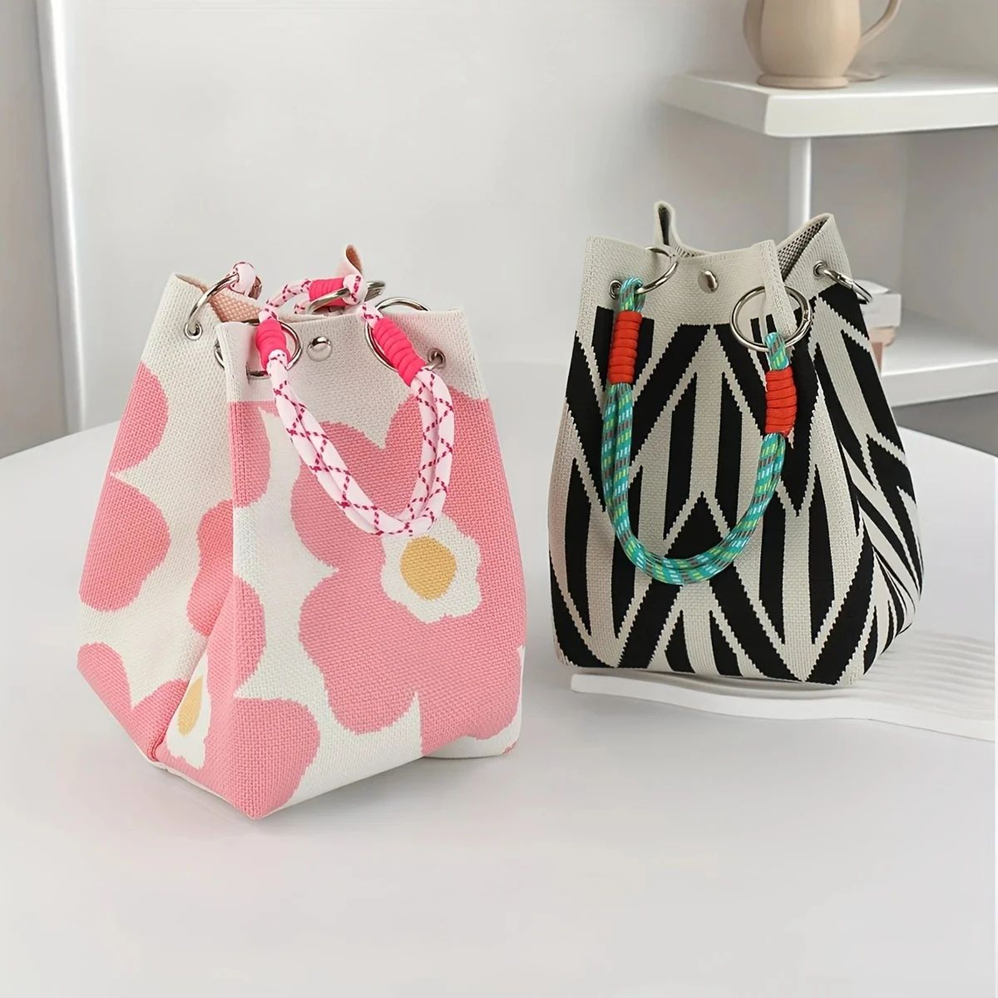 Vintage Floral Knit Tote Bag For Women 3