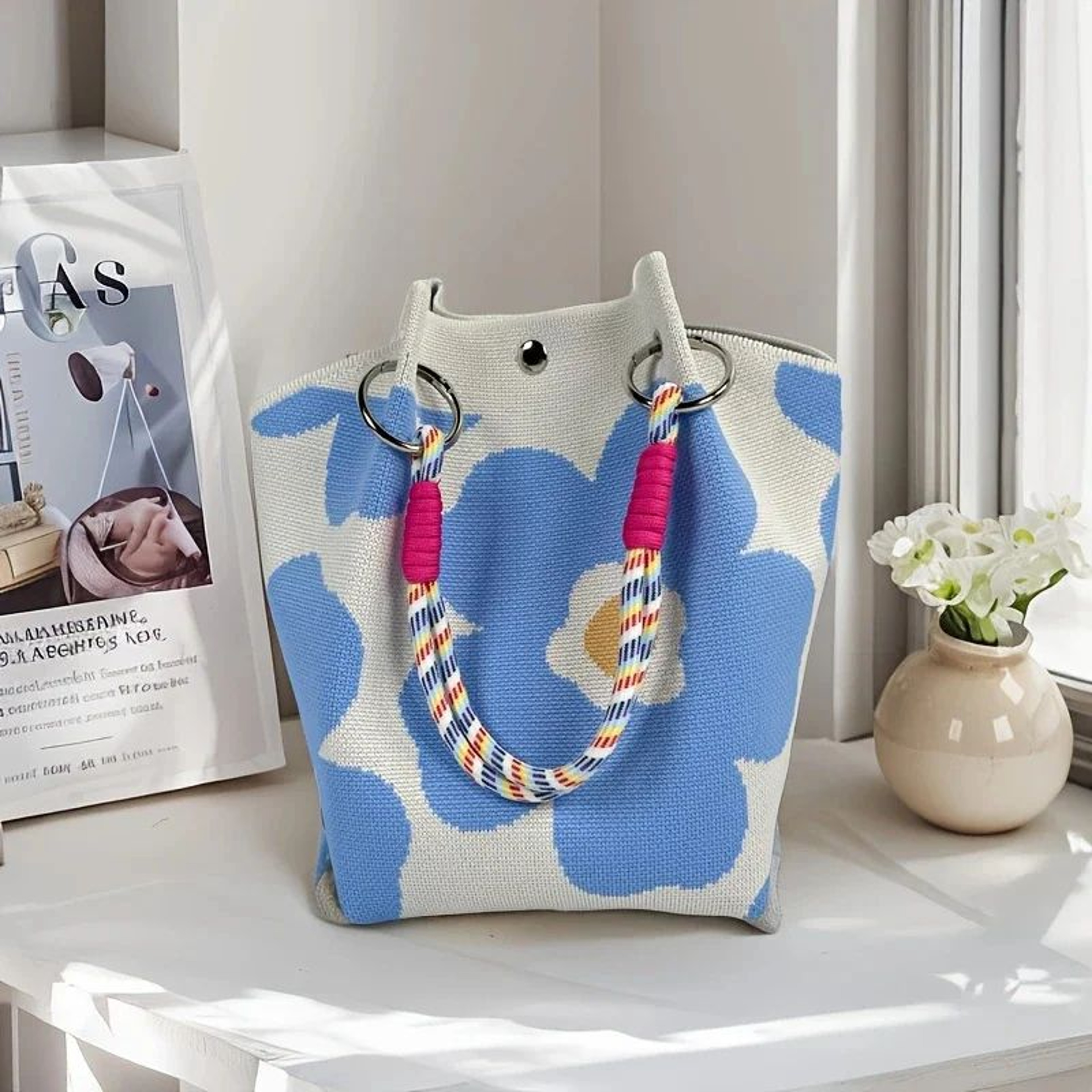 Vintage Floral Knit Tote Bag For Women 10