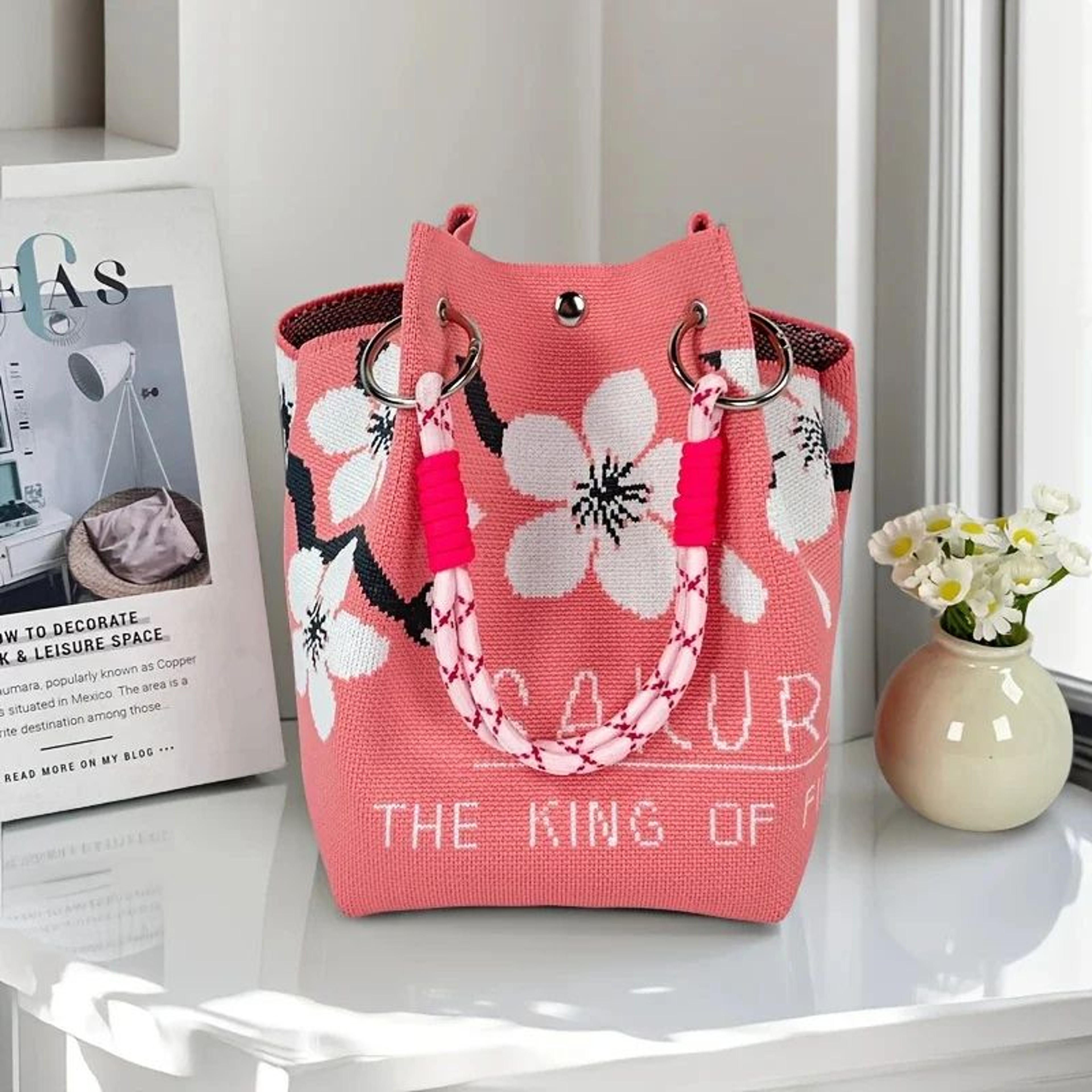 Vintage Floral Knit Tote Bag For Women 11