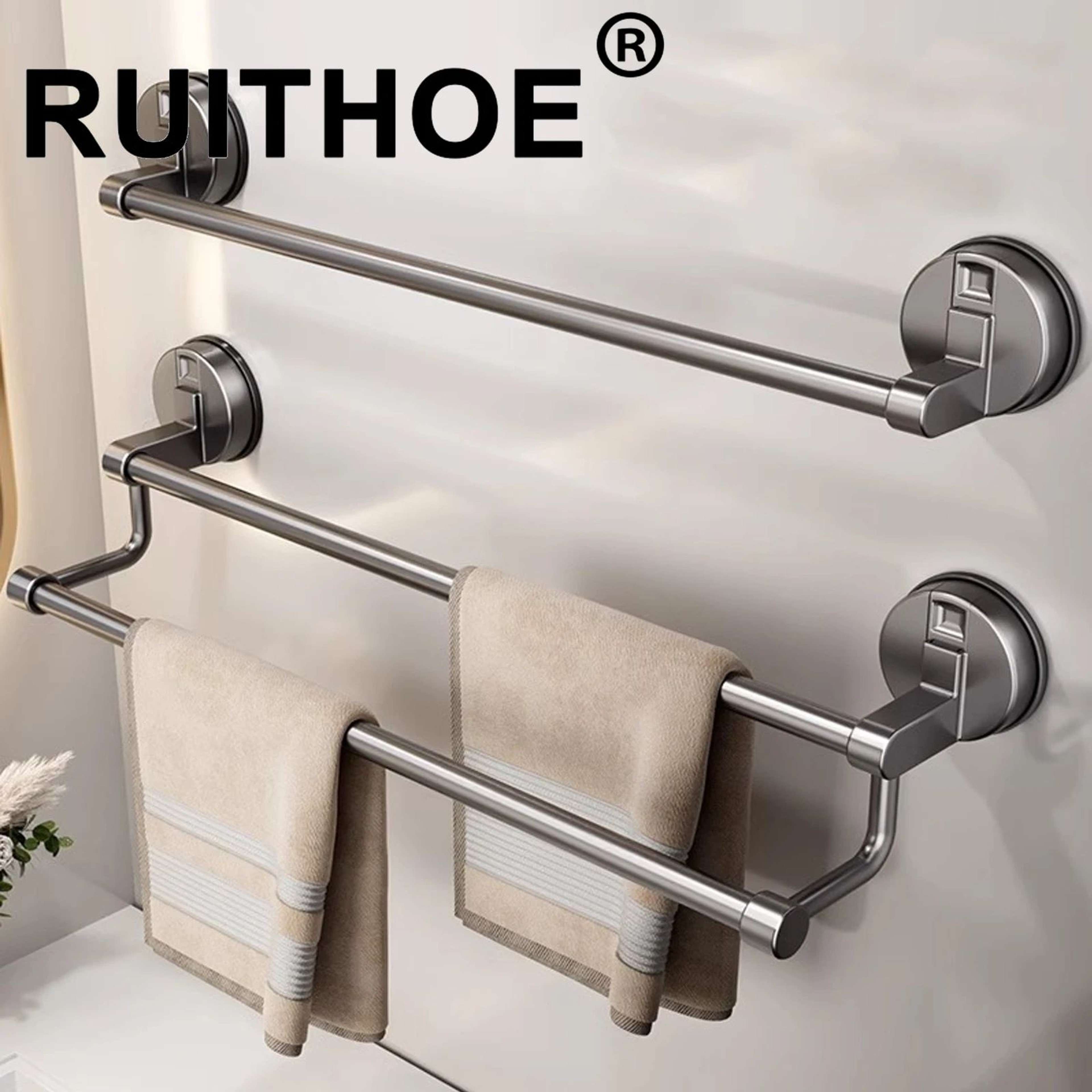 Suction Cup Double Bar Bathroom Towel Rack 0