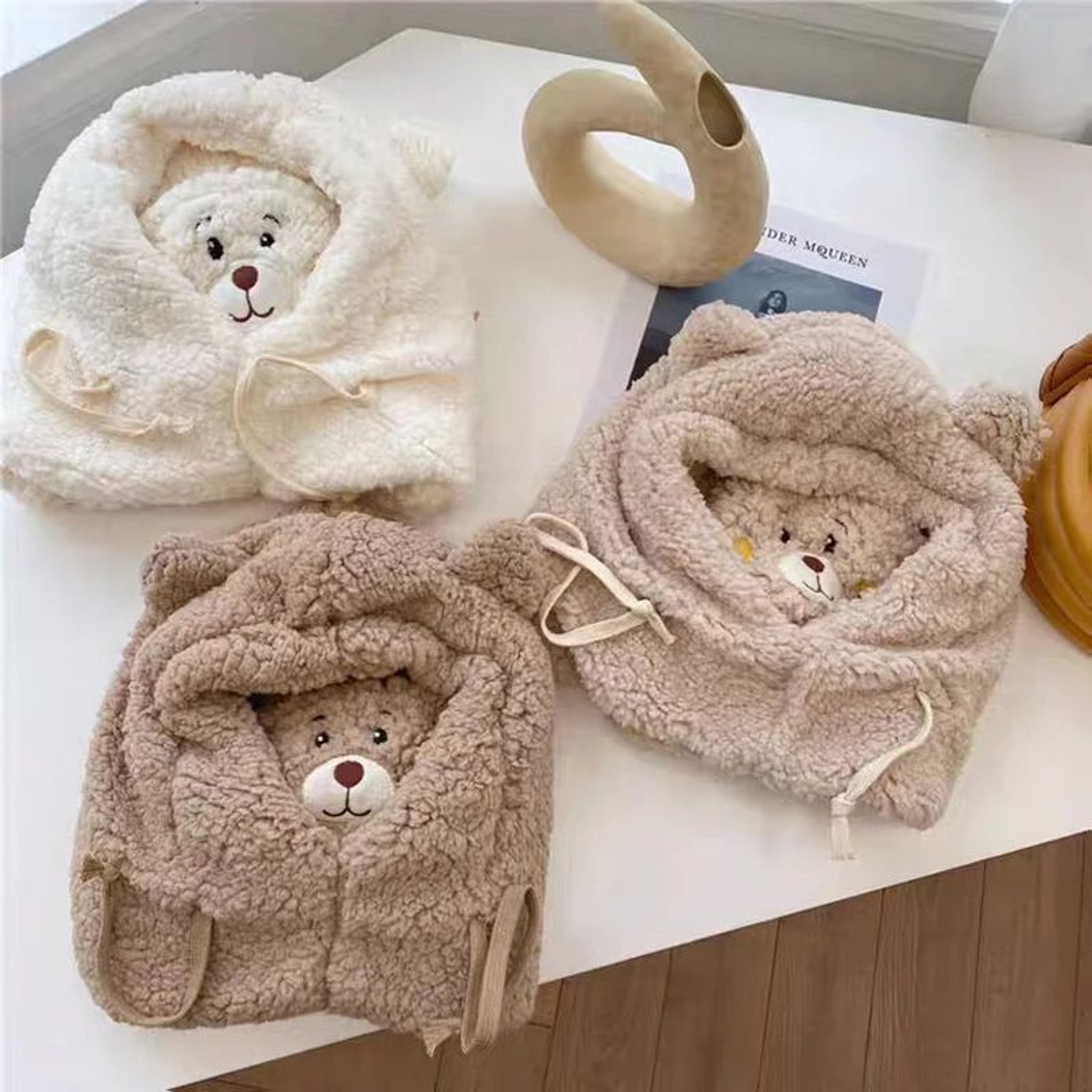 Plush Double Fleece Little Bear Winter Hat With Scarf For Kids 1