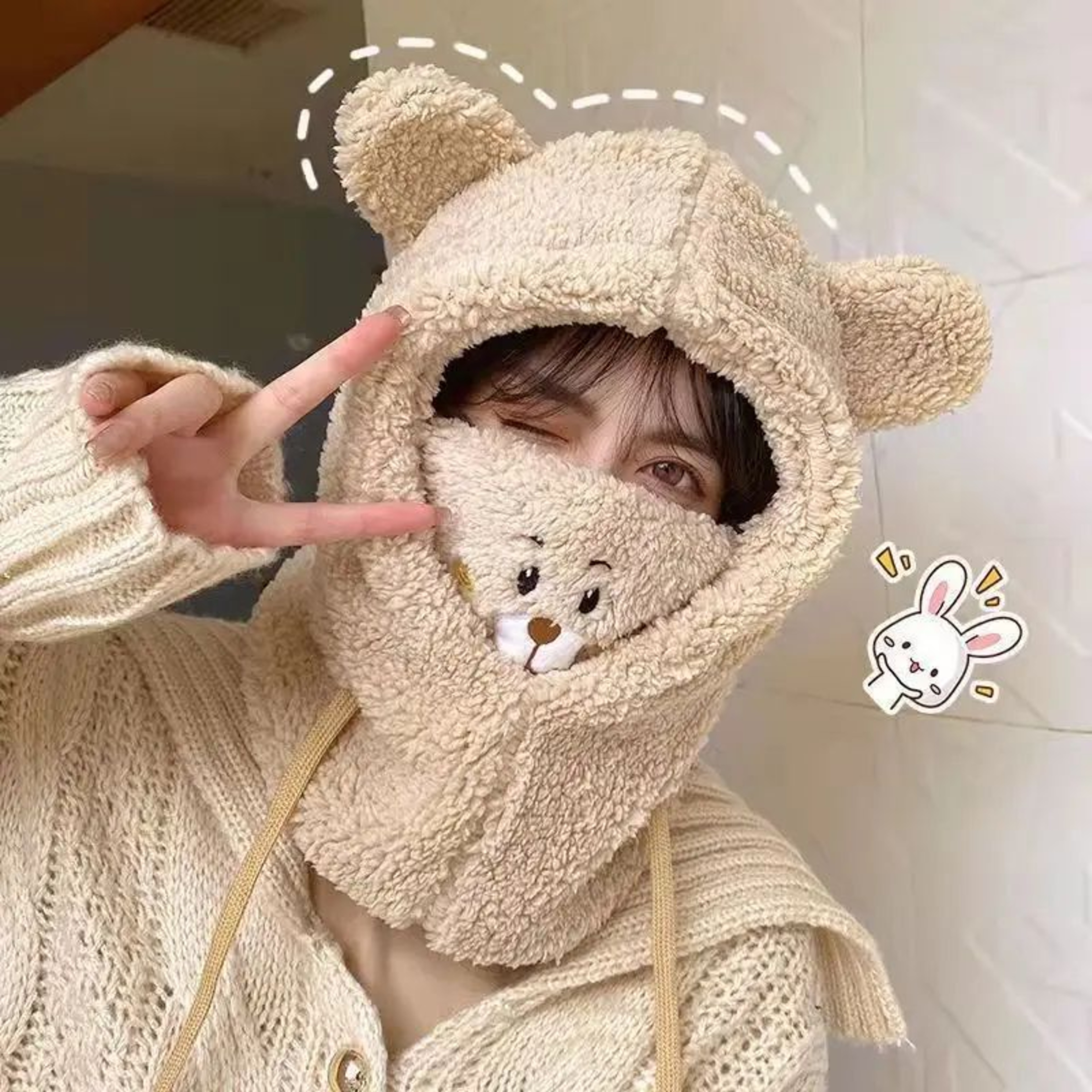 Plush Double Fleece Little Bear Winter Hat With Scarf For Kids 2