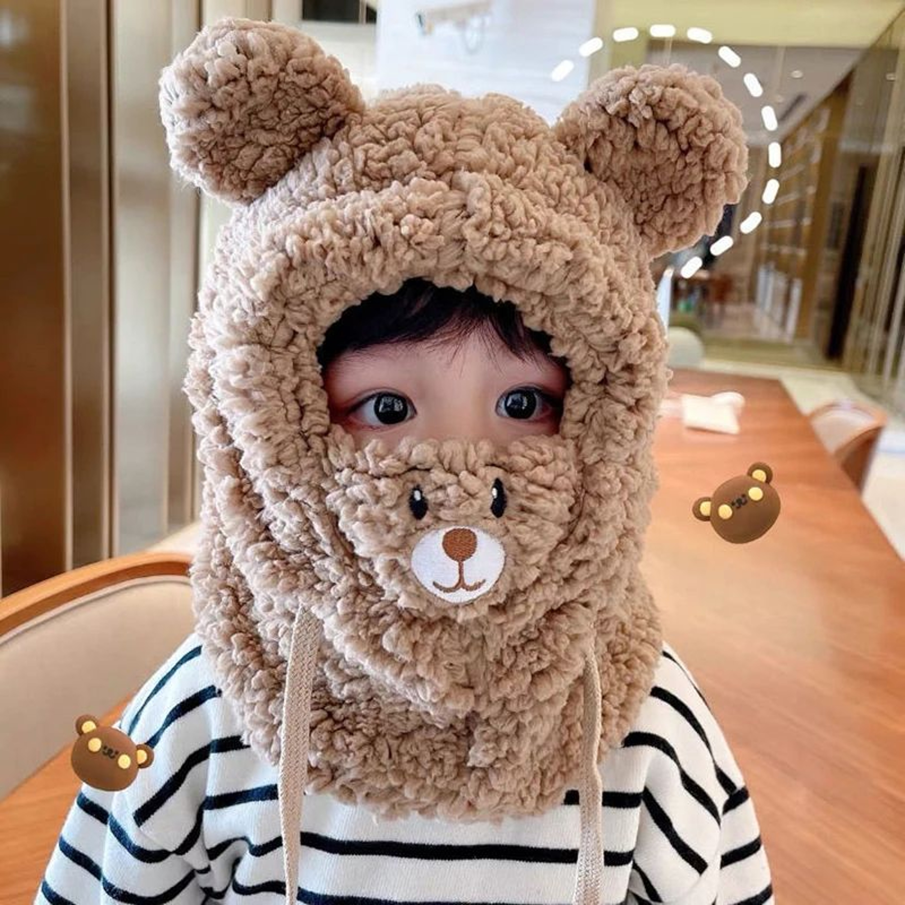 Plush Double Fleece Little Bear Winter Hat With Scarf For Kids 3