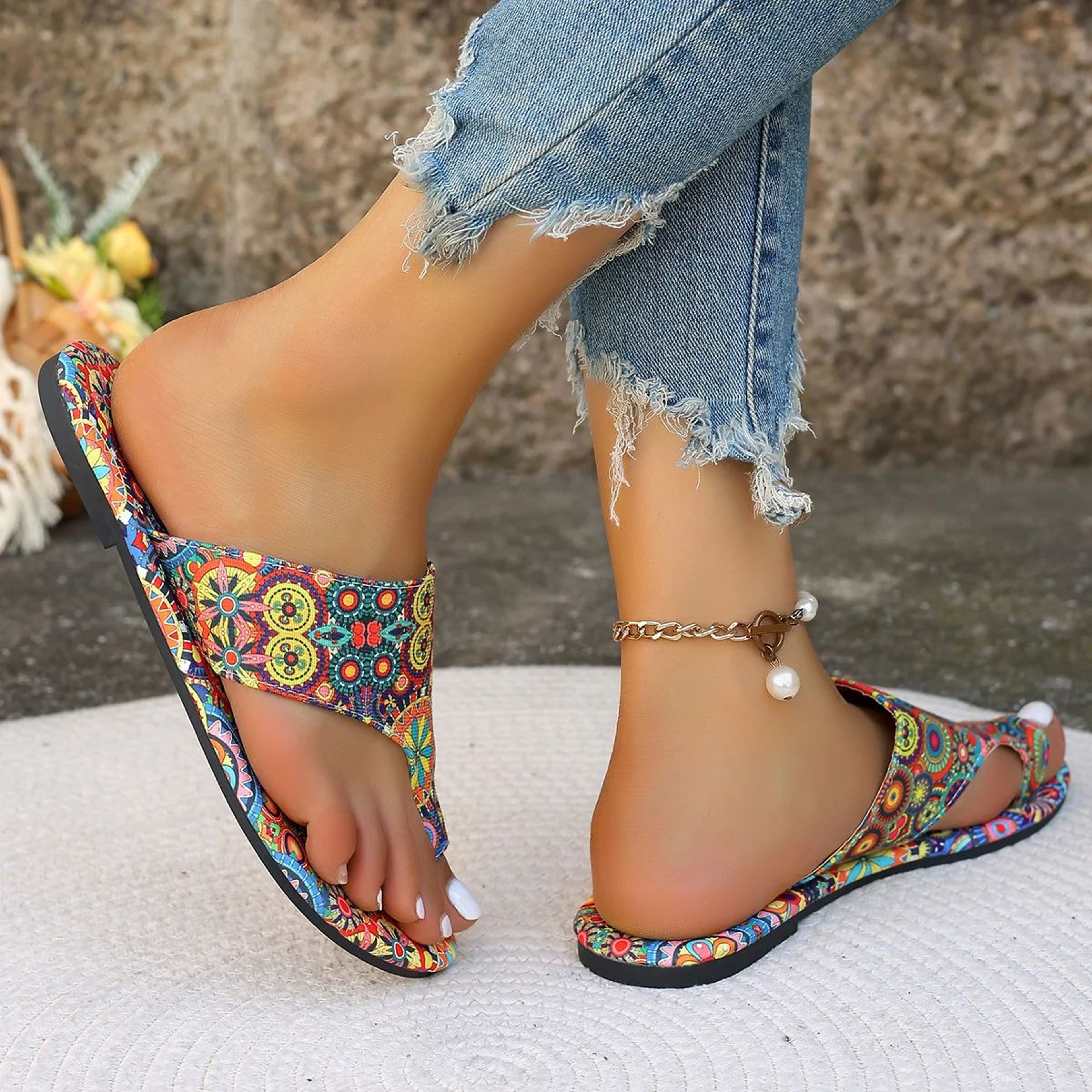 Womens Bohemian Flower Pattern Casual Slippers 4