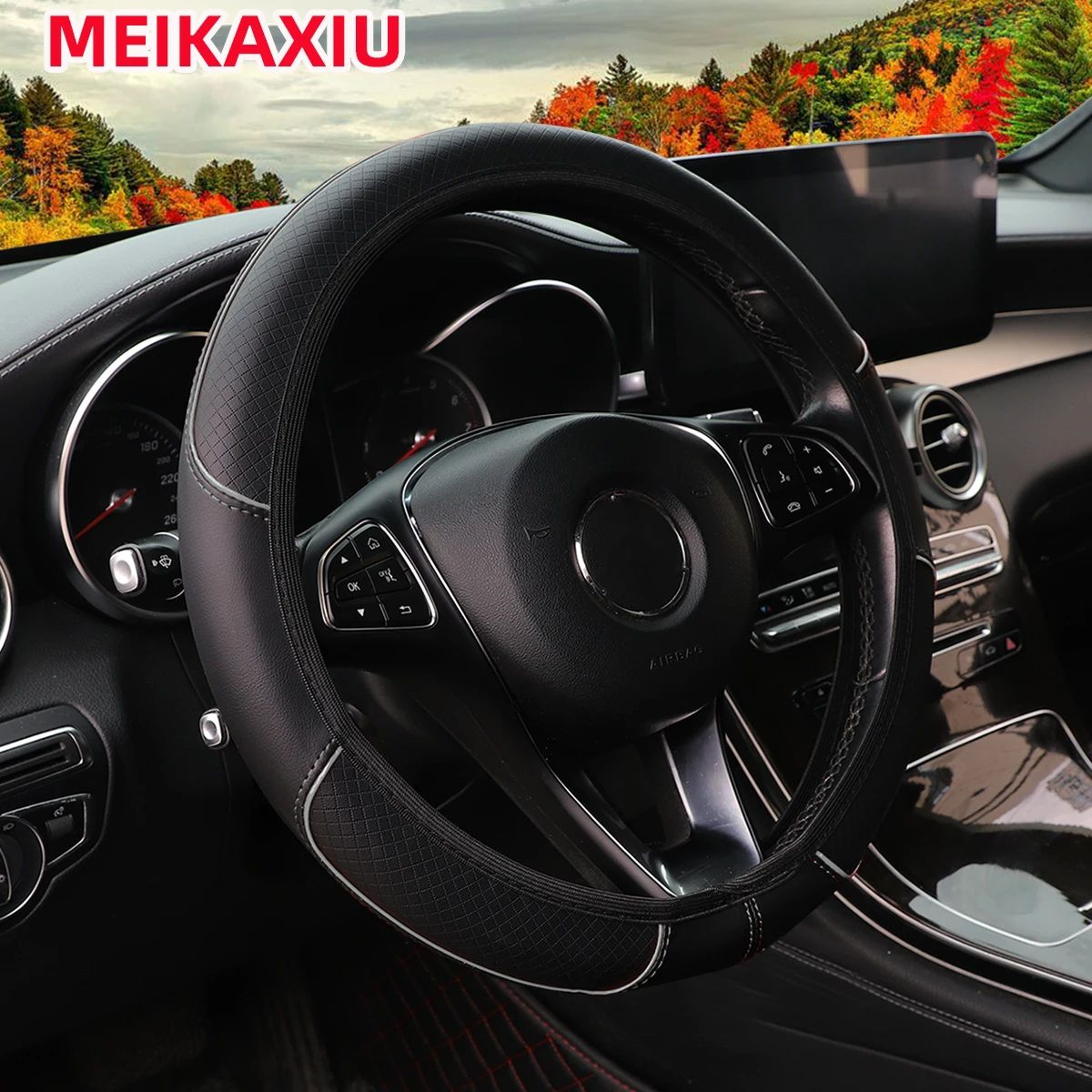 PU Check Pattern Embossed Leather Steering Wheel Cover 3738 Cm 3