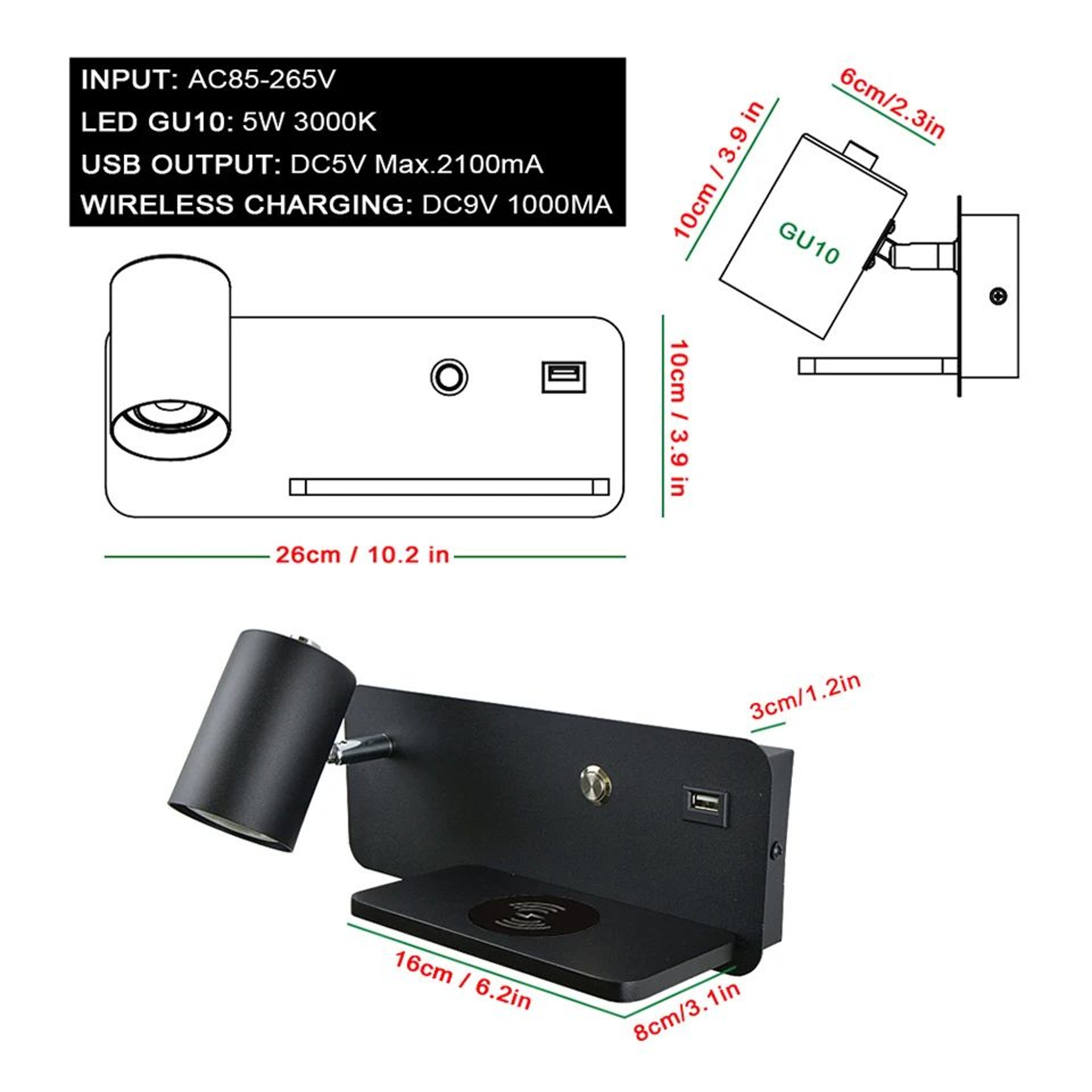 Nordic USB And Wireless Charging LED Wall Lamp 5 W 3