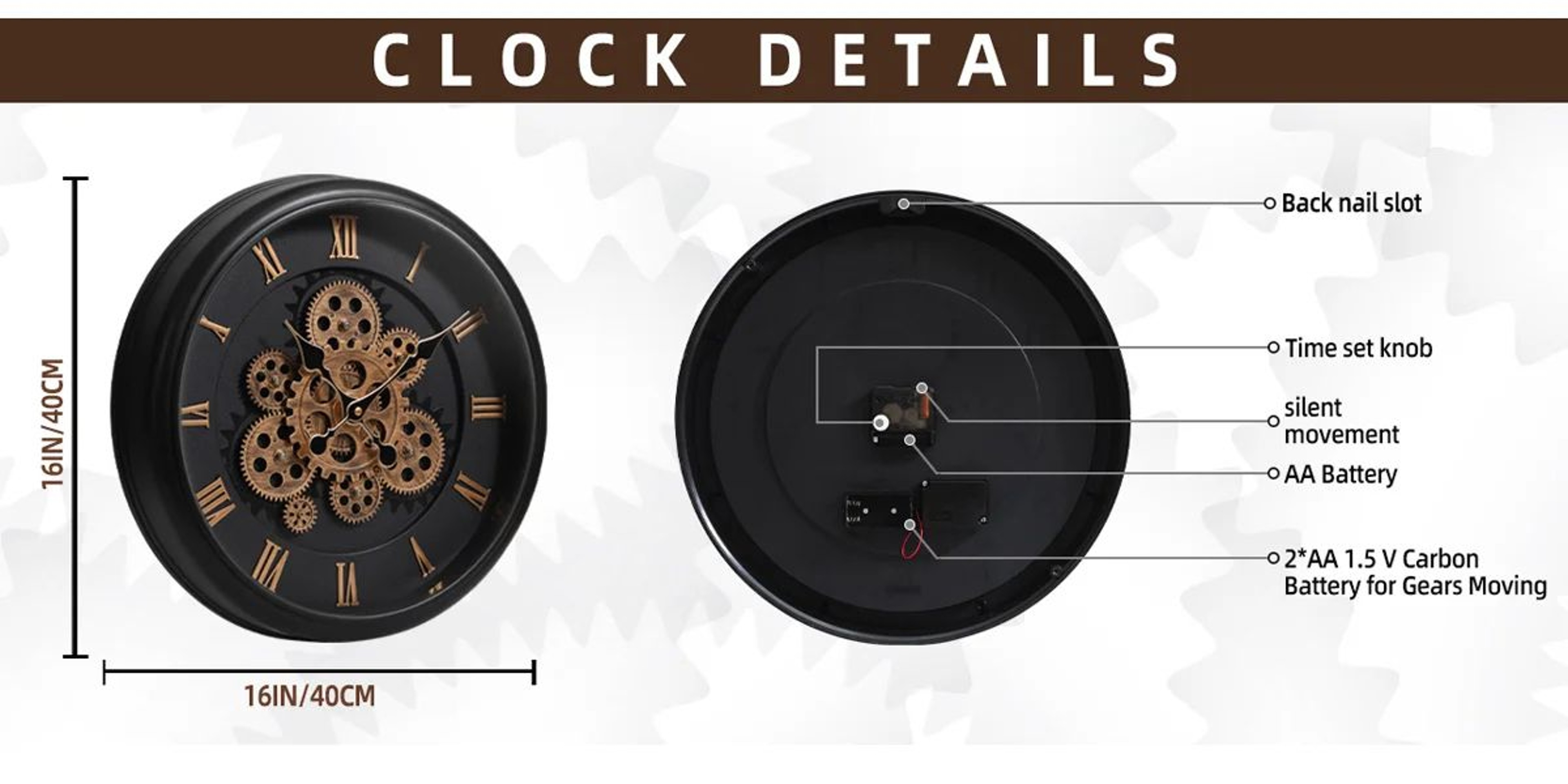 Industrial Moving Gear Wall Clock 16 Inch Battery Operated 8