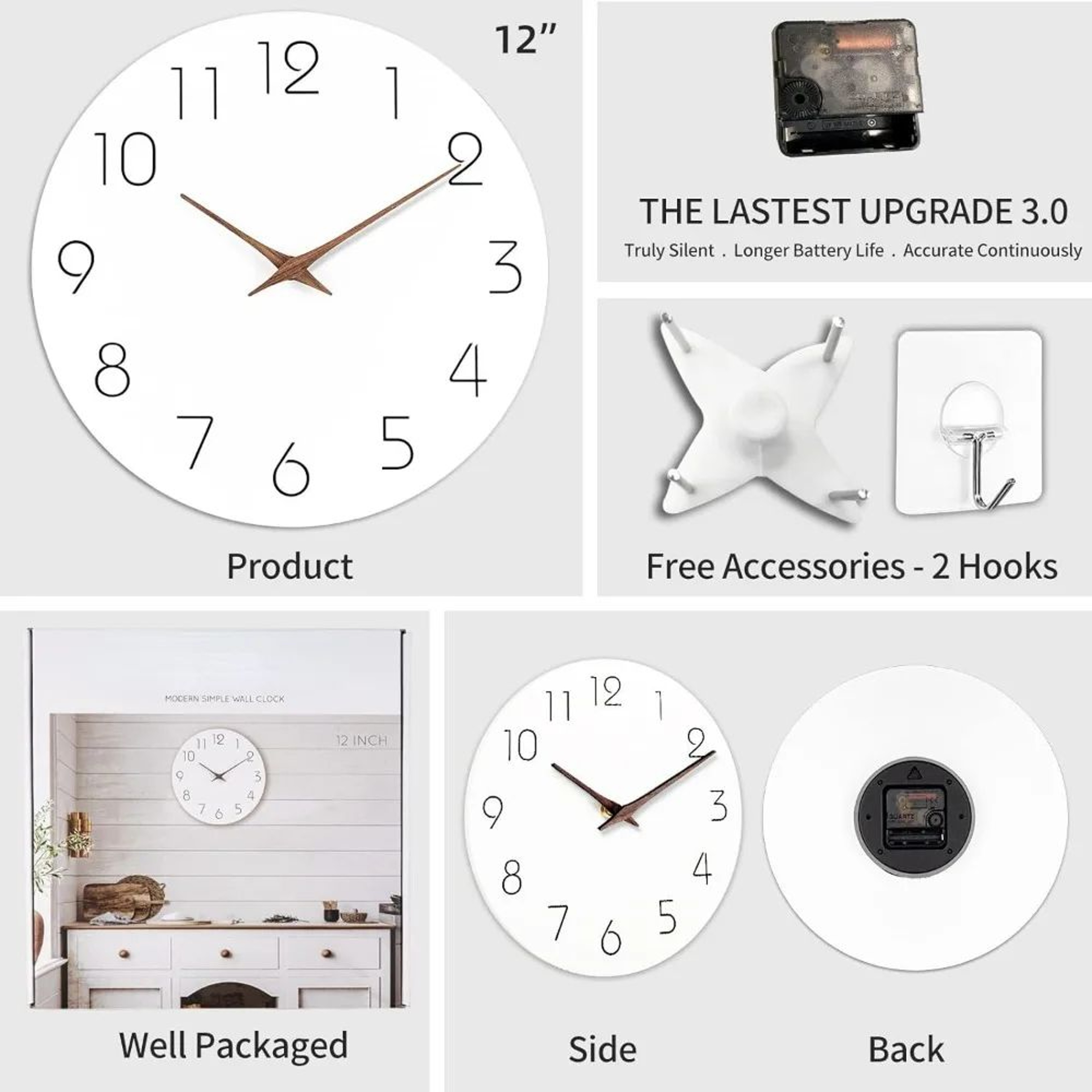 12 Inch Silent Wooden Minimalist Wall Clock 2