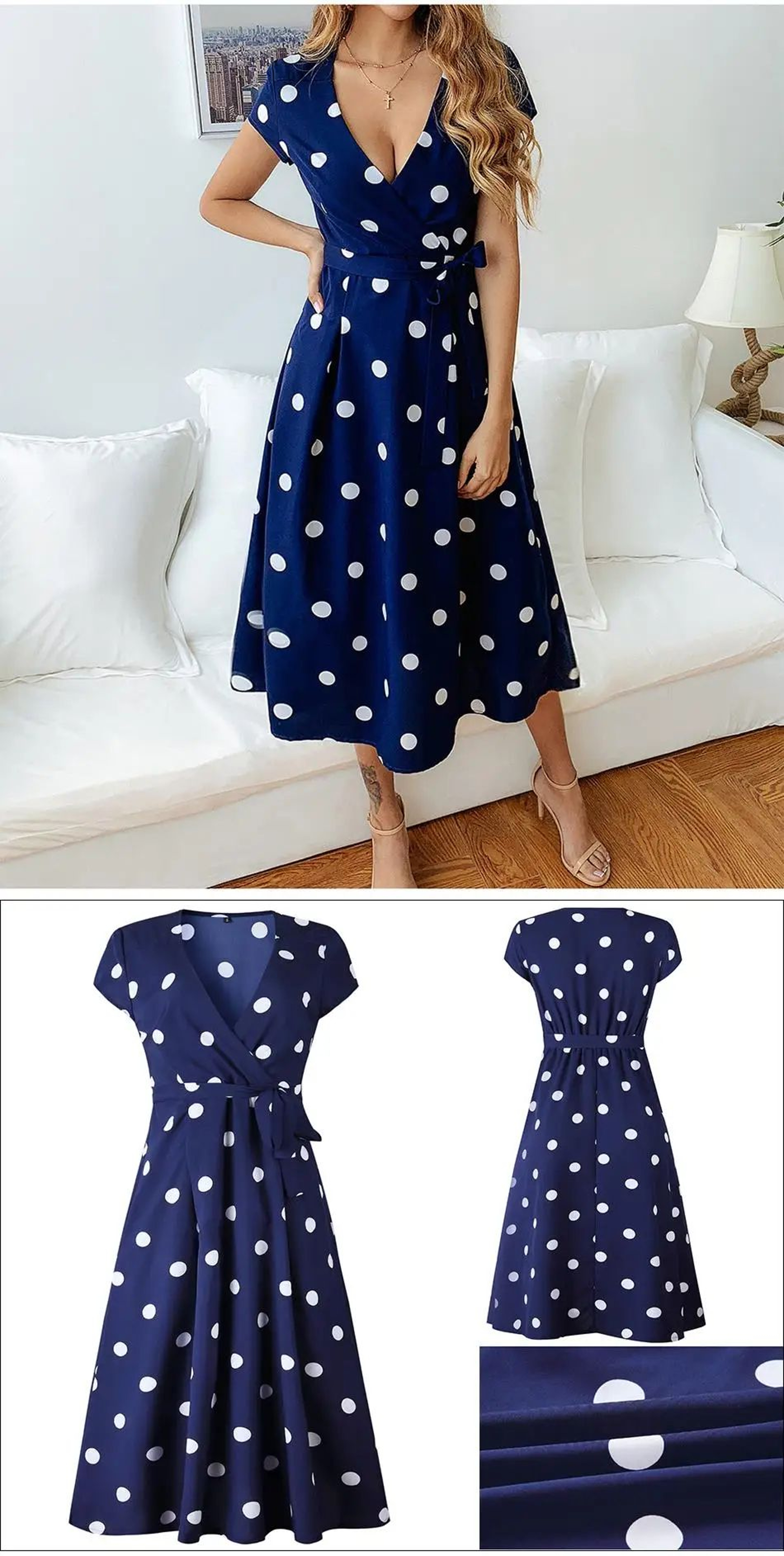 Women White Boho Polka Dot V Neck Summer Maxi Dress 6