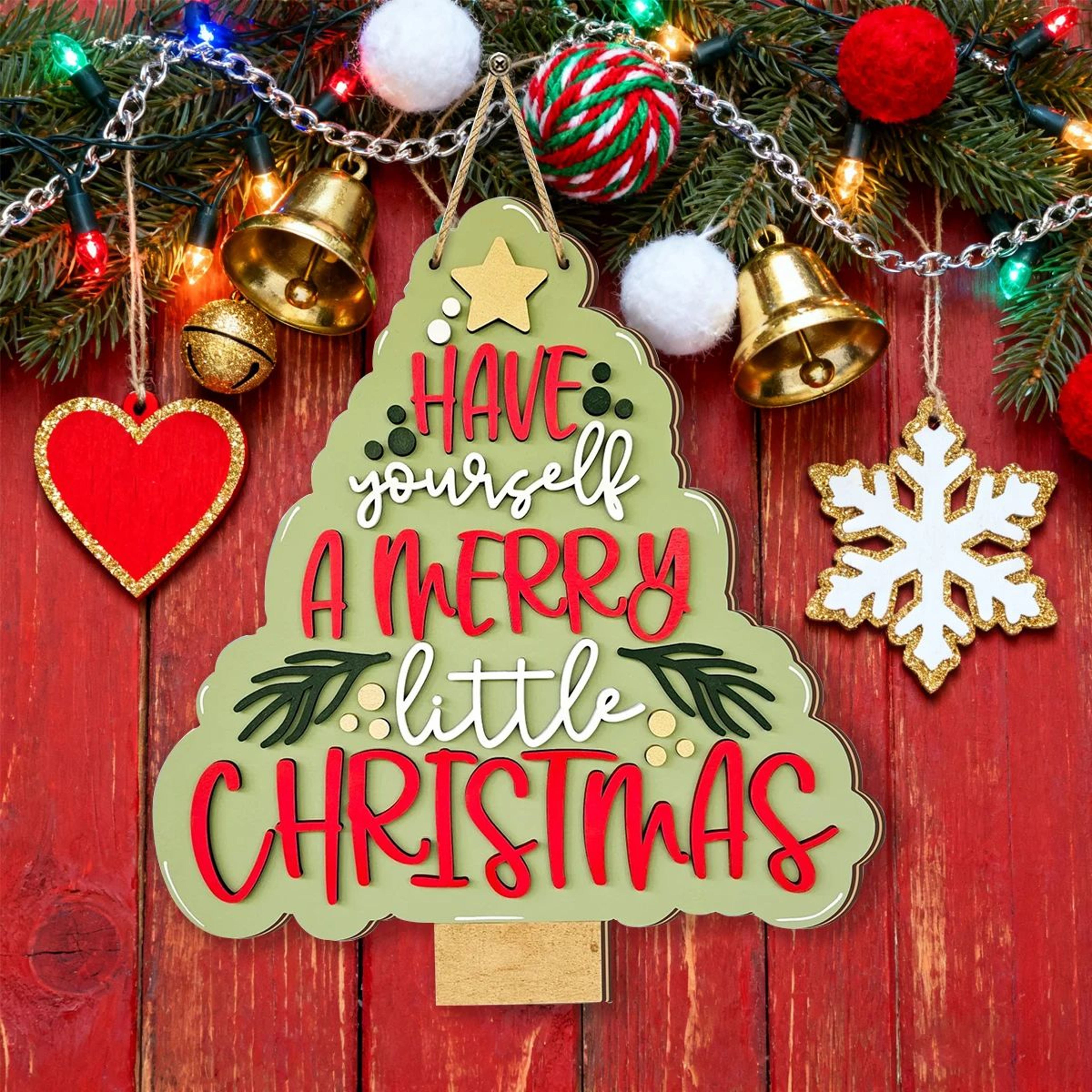 Rustic Wooden Christmas Bell Tree Hanging Ornament 1