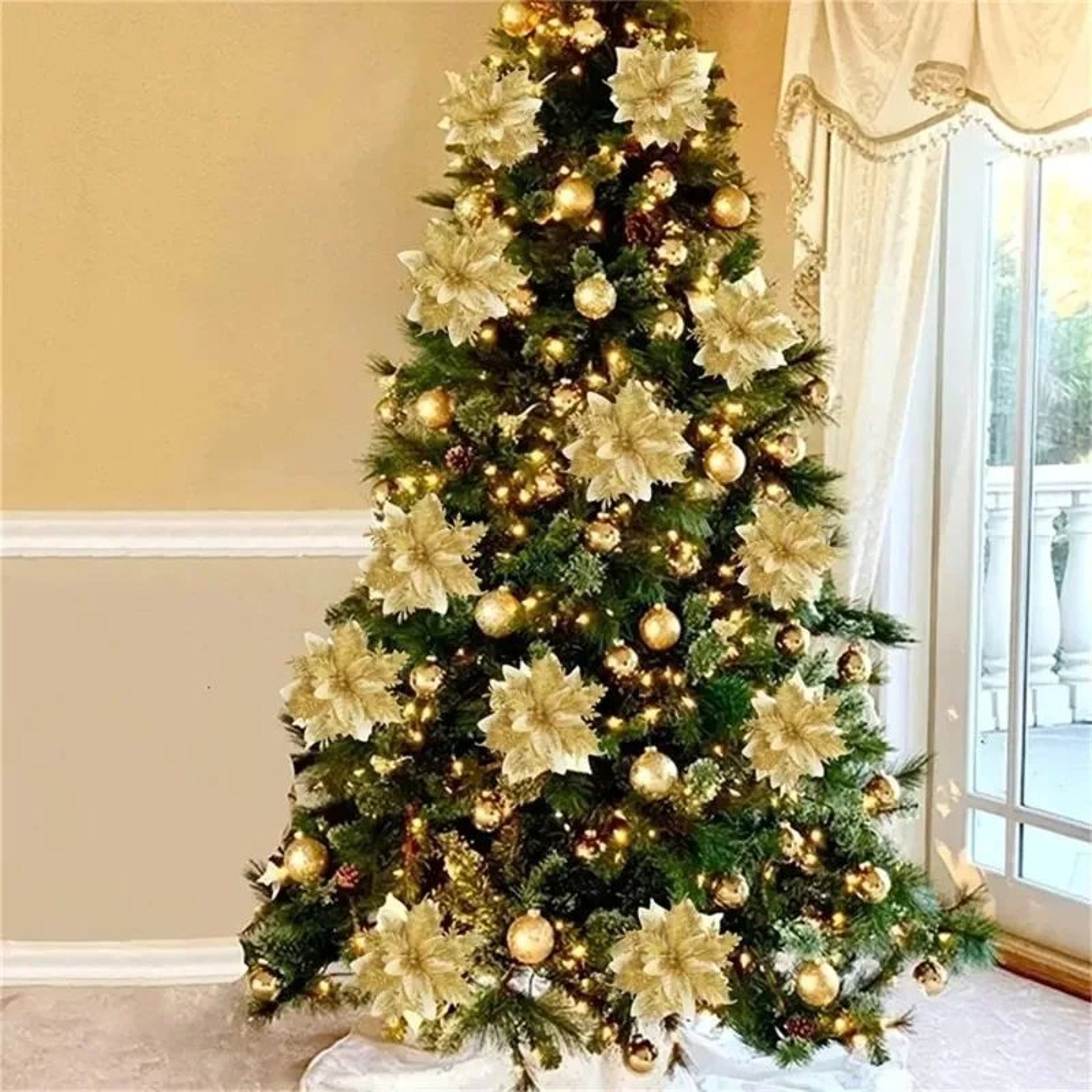 Glitter Artificial Poinsettia Christmas Tree Flower Ornaments 4