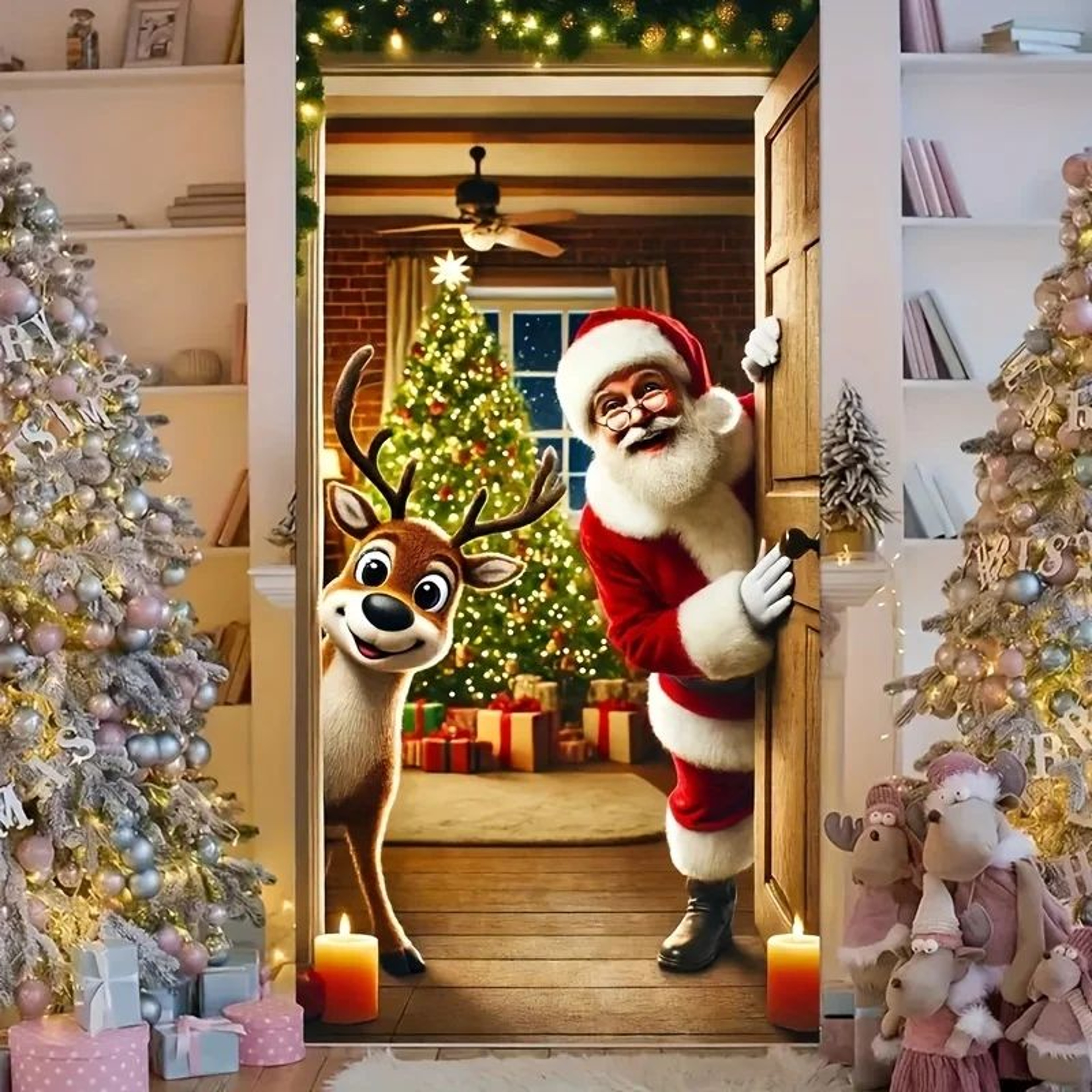 Santa Claus Deer Christmas Door Banner 1
