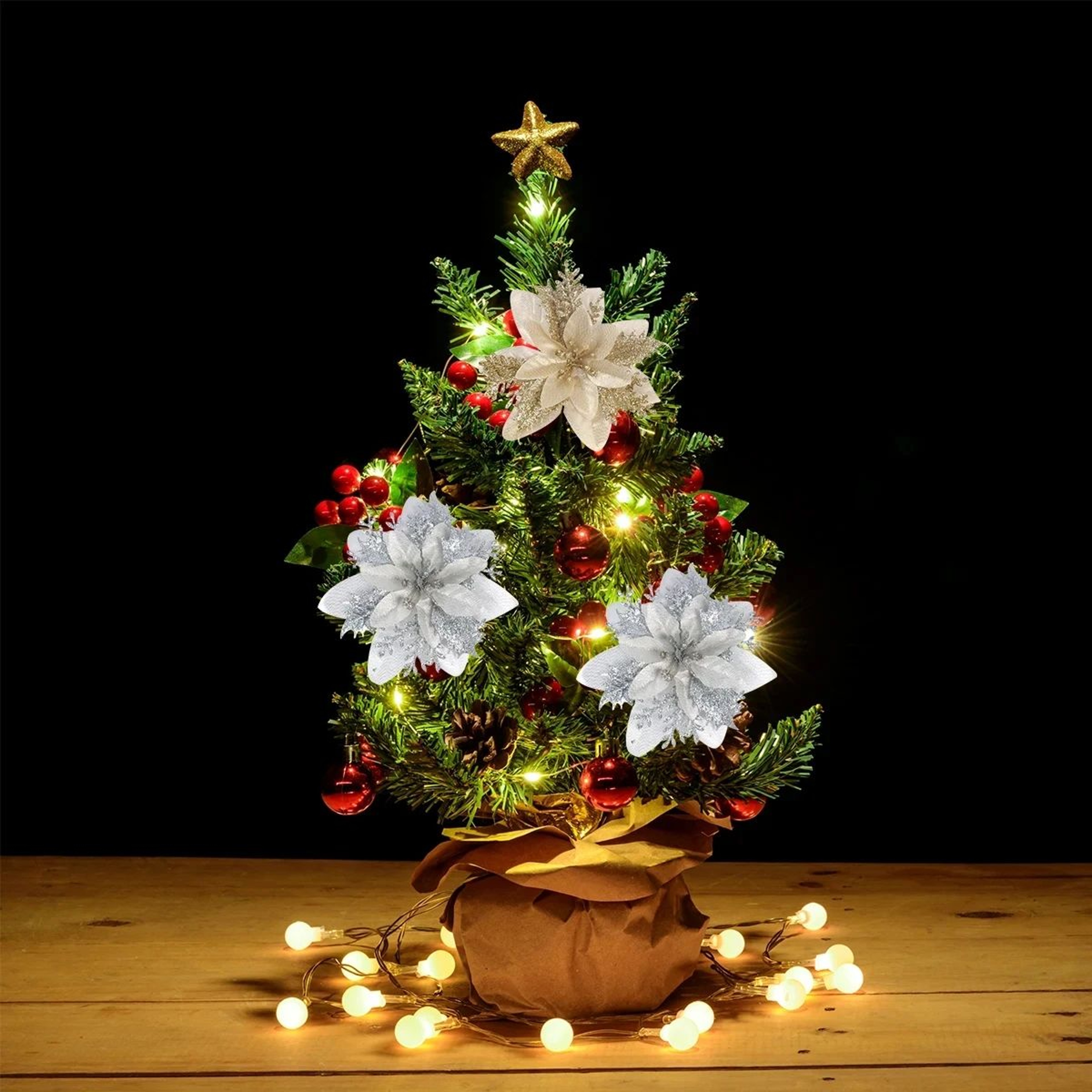 Glitter Pink Poinsettia Christmas Tree Flowers Set 5pcs 3