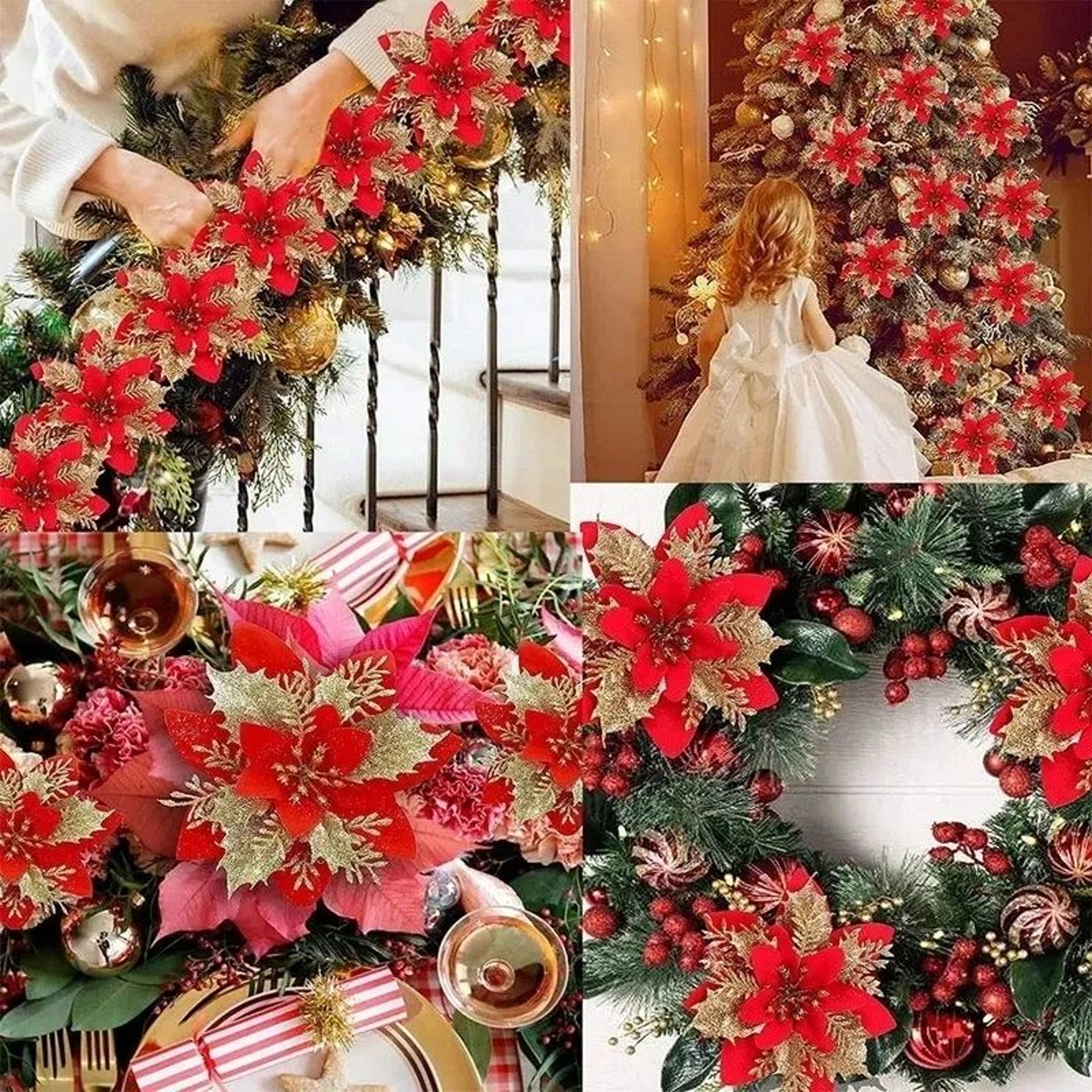 Glitter Pink Poinsettia Christmas Tree Flowers Set 5pcs 6
