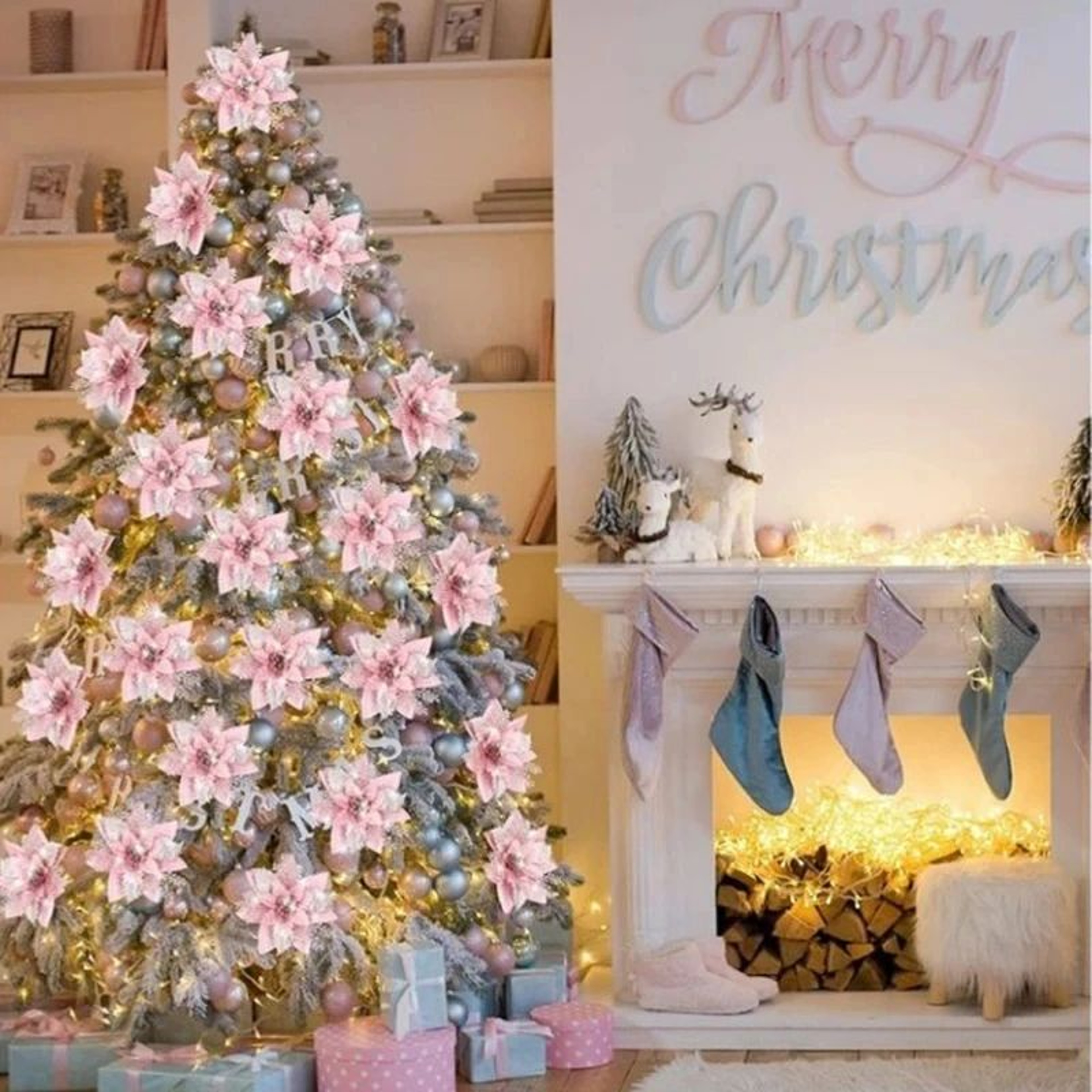 Glitter Pink Poinsettia Christmas Tree Flowers Set 5pcs 7