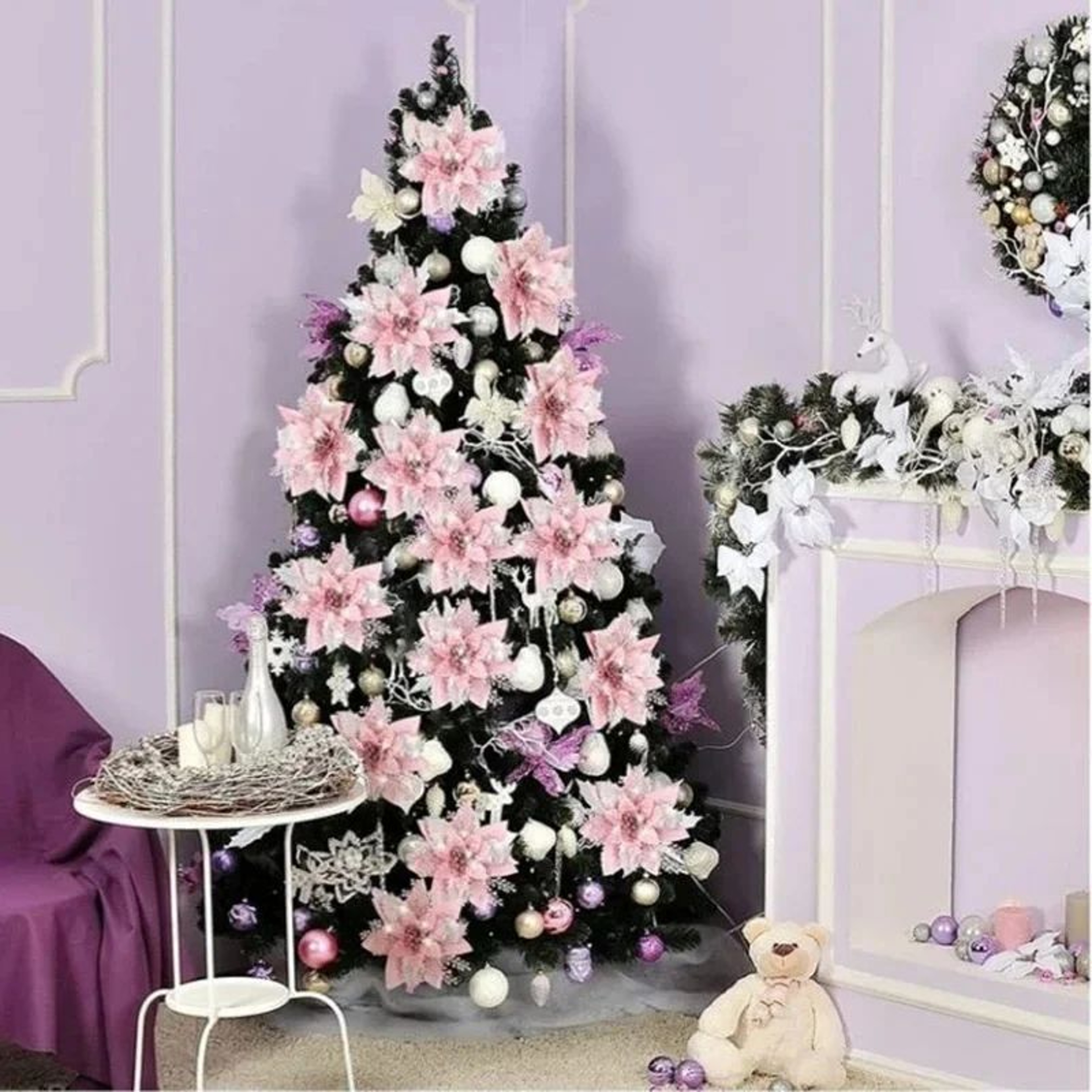 Glitter Pink Poinsettia Christmas Tree Flowers Set 5pcs 8