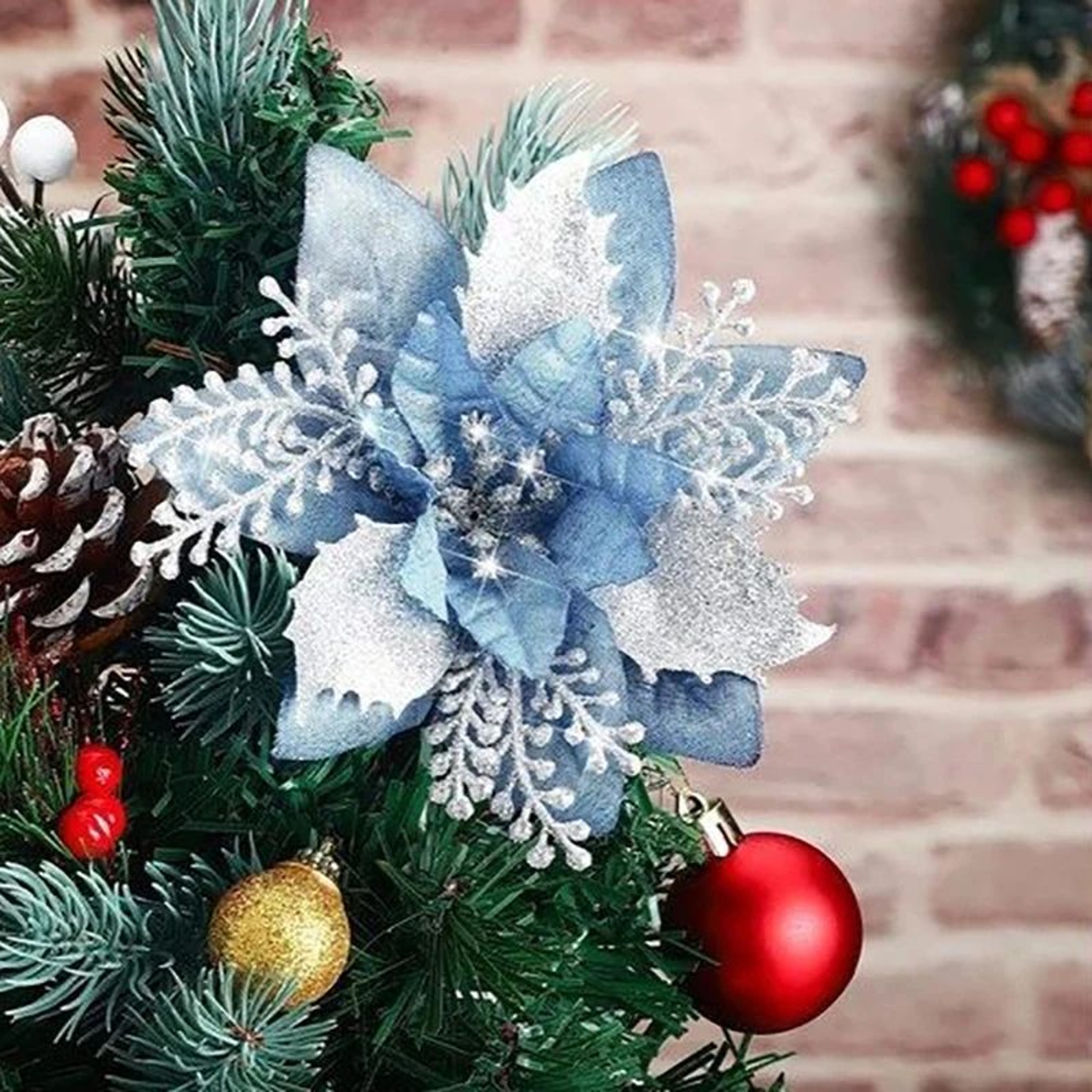 Glitter Pink Poinsettia Christmas Tree Flowers Set 5pcs 10