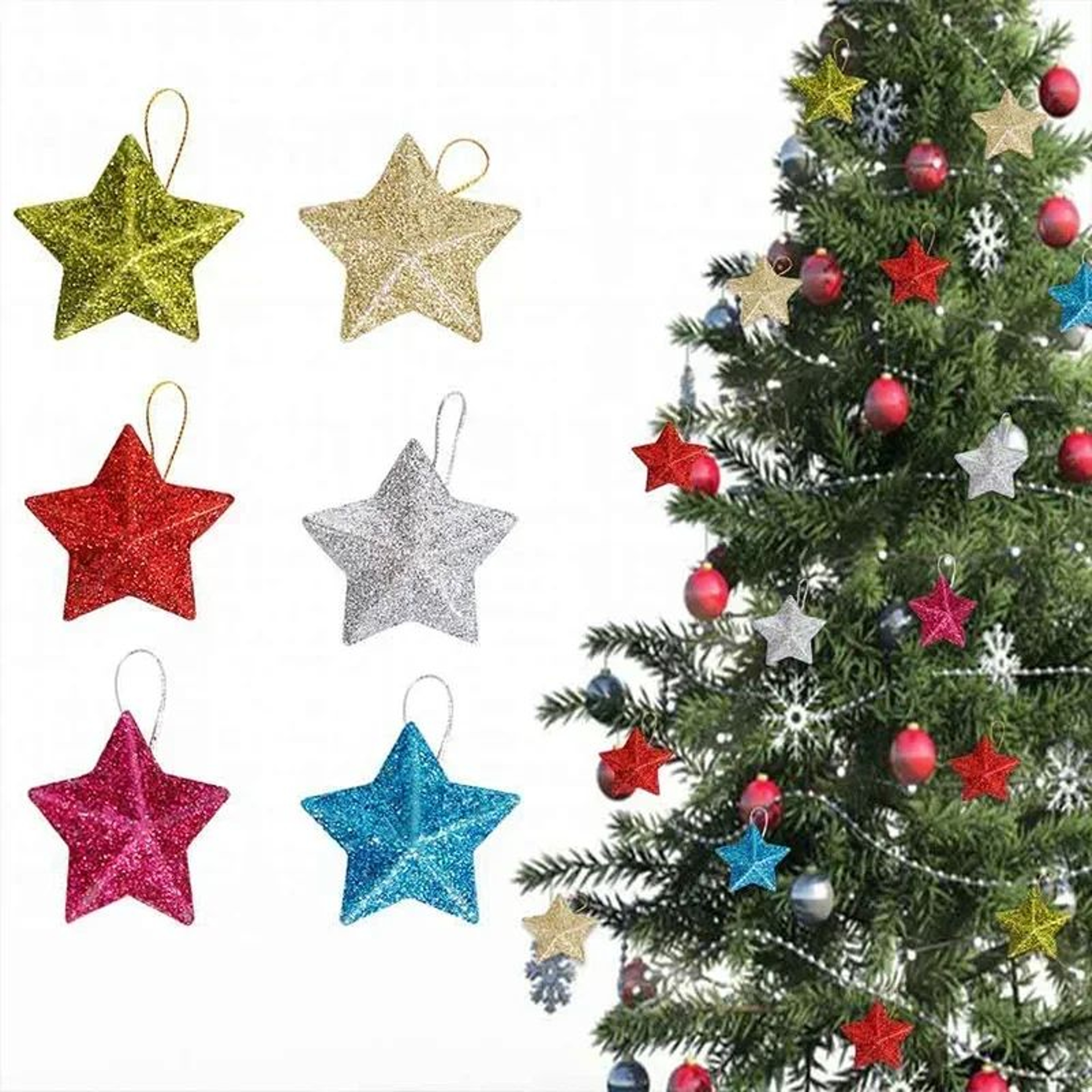 Gold Glitter Star Christmas Tree Ornaments Set 6pcs 5