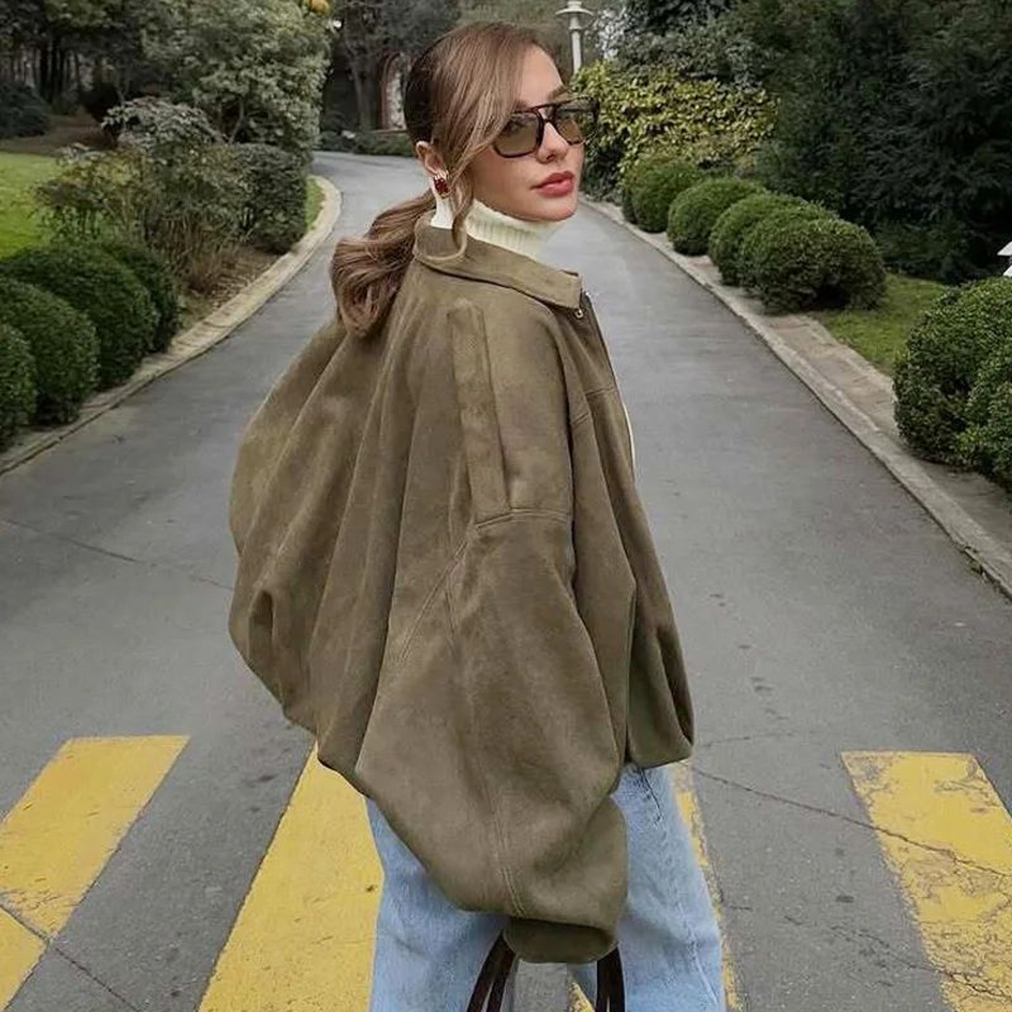 HXAO Cropped Suede Bomber Jacket Women Lapel Zipper Racing Coat 6