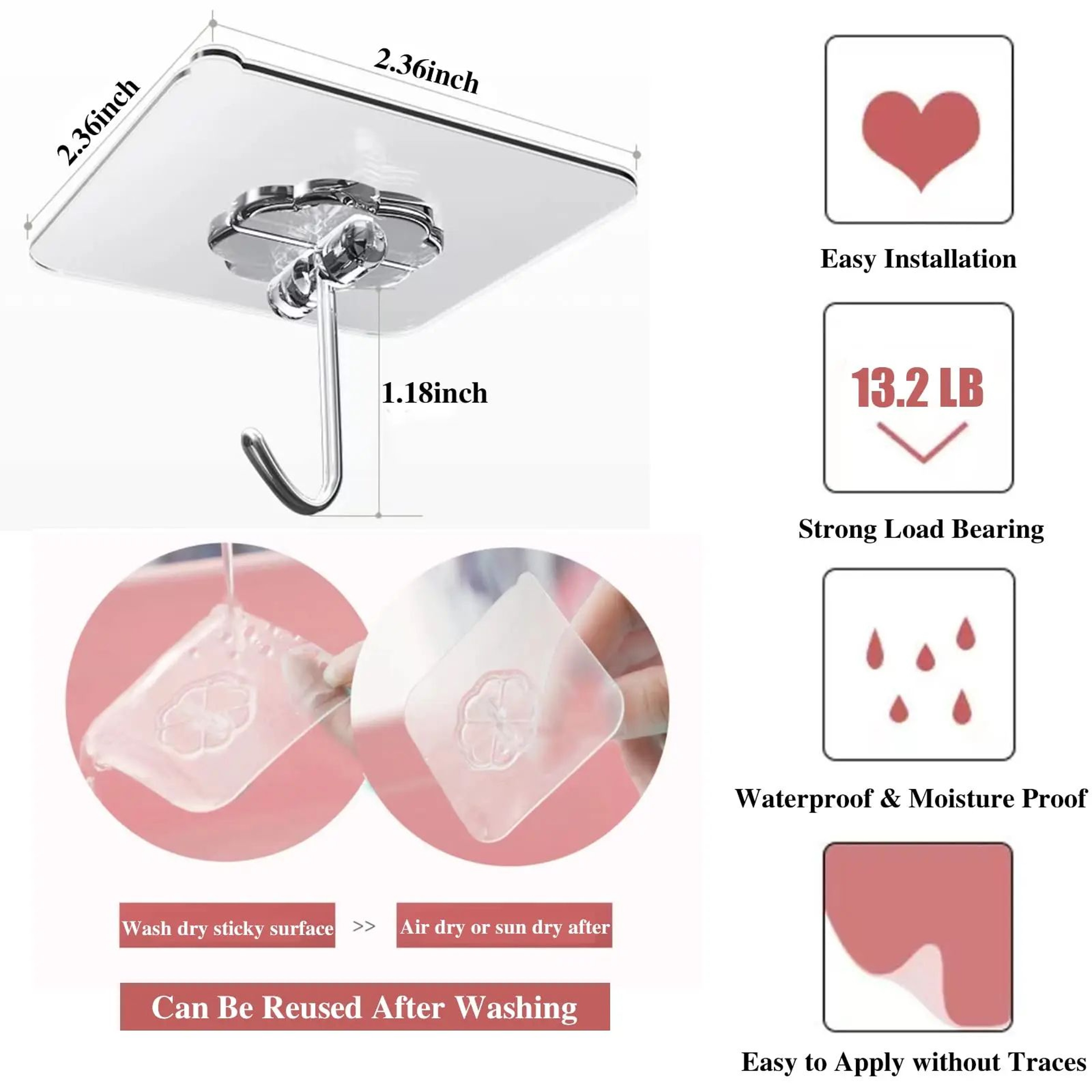 Waterproof Self Adhesive Wall Hooks Heavy Duty Sticky Hooks 6