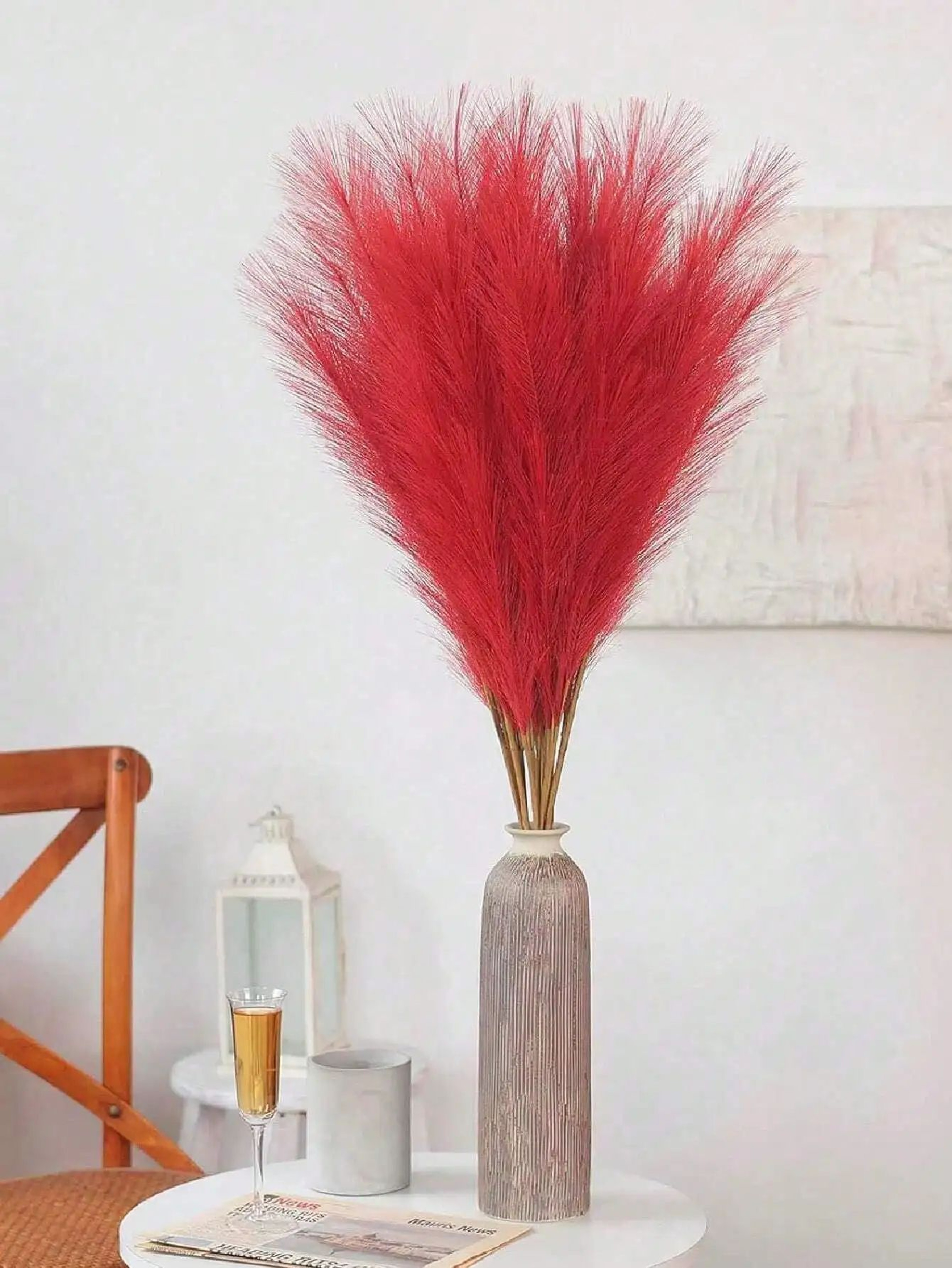 Artificial Pampas Grass Red Faux Reeds Decor 55cm Set 4