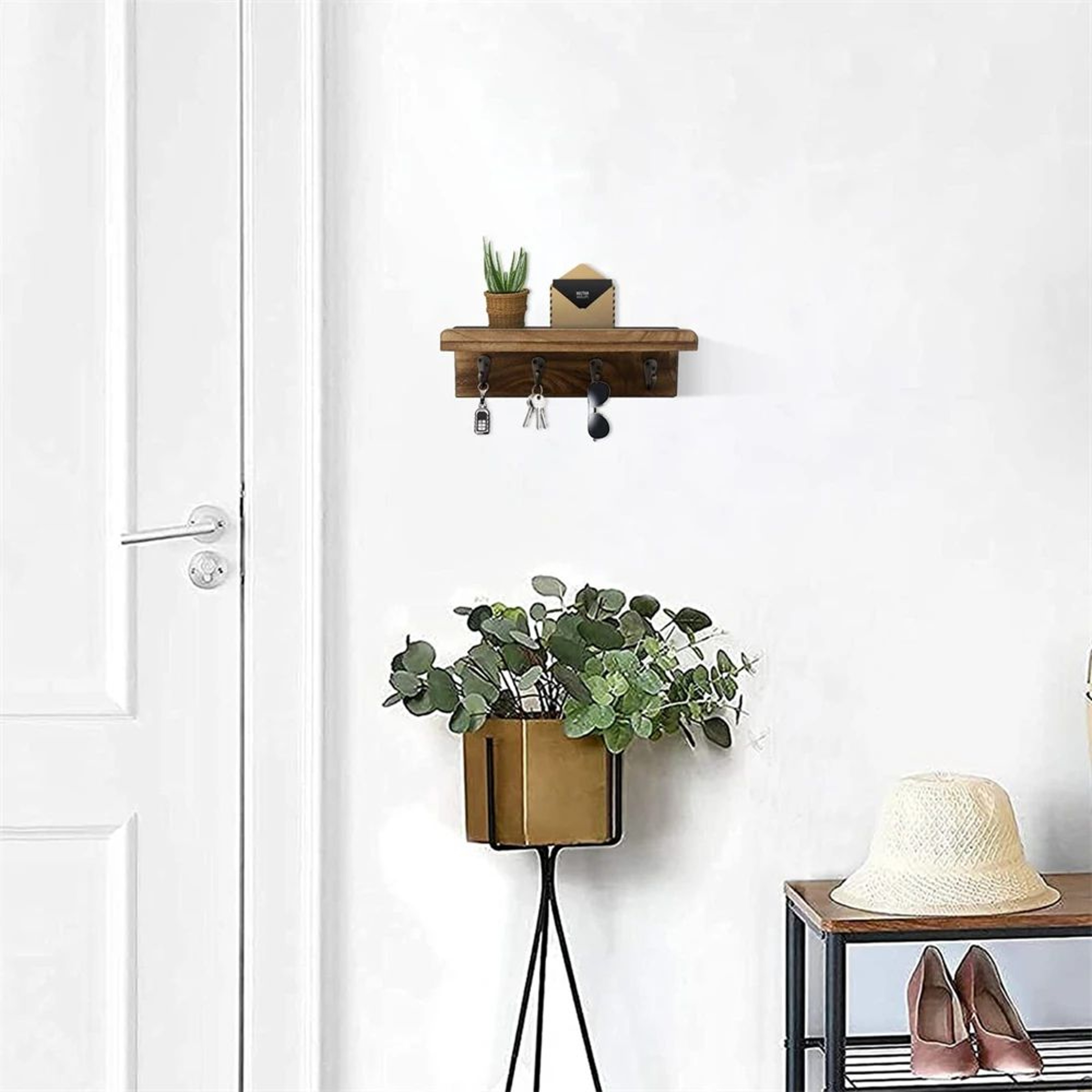 Farmhouse Rustic Wood Key Holder Wall Shelf With Hooks 2