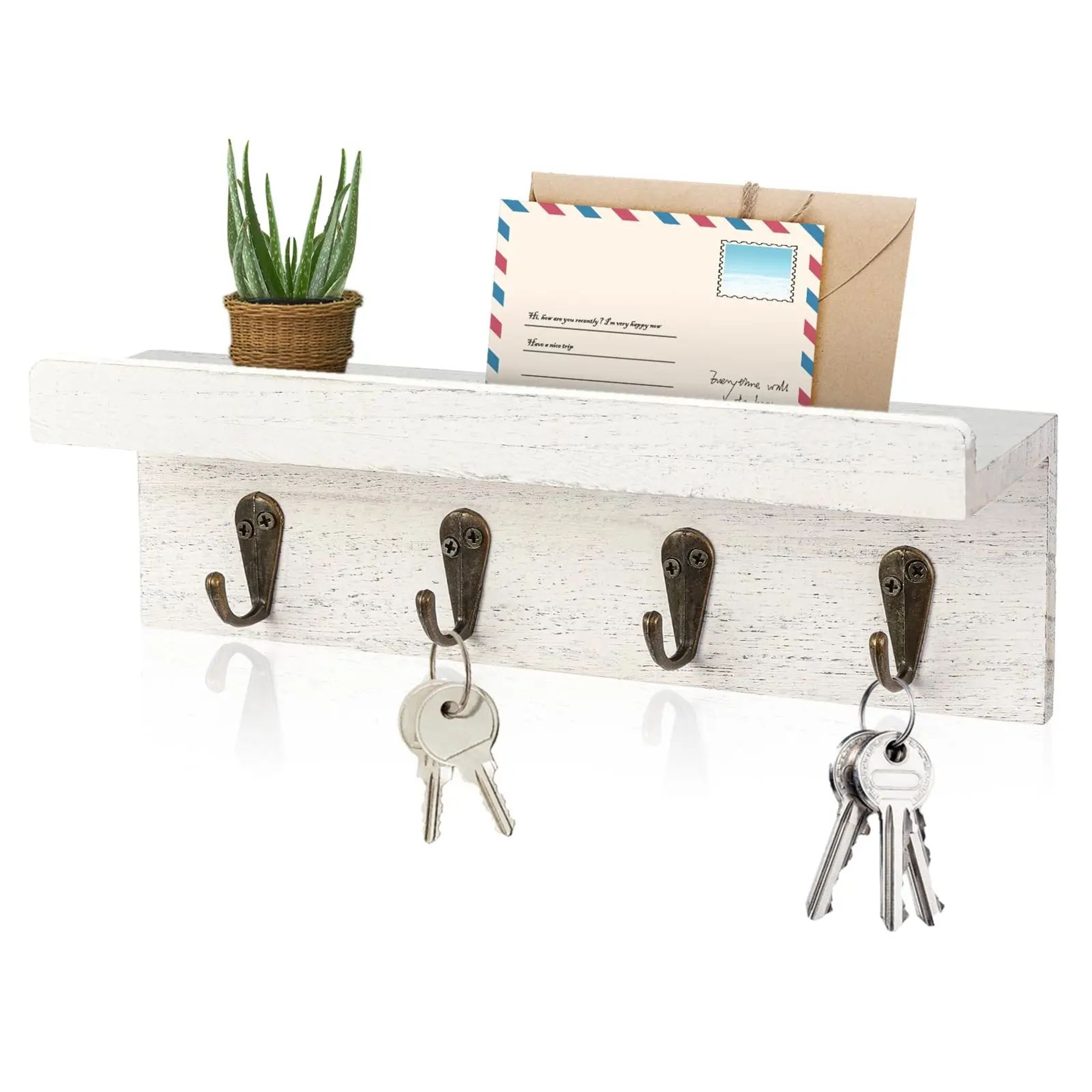 Farmhouse Rustic Wood Key Holder Wall Shelf With Hooks 7