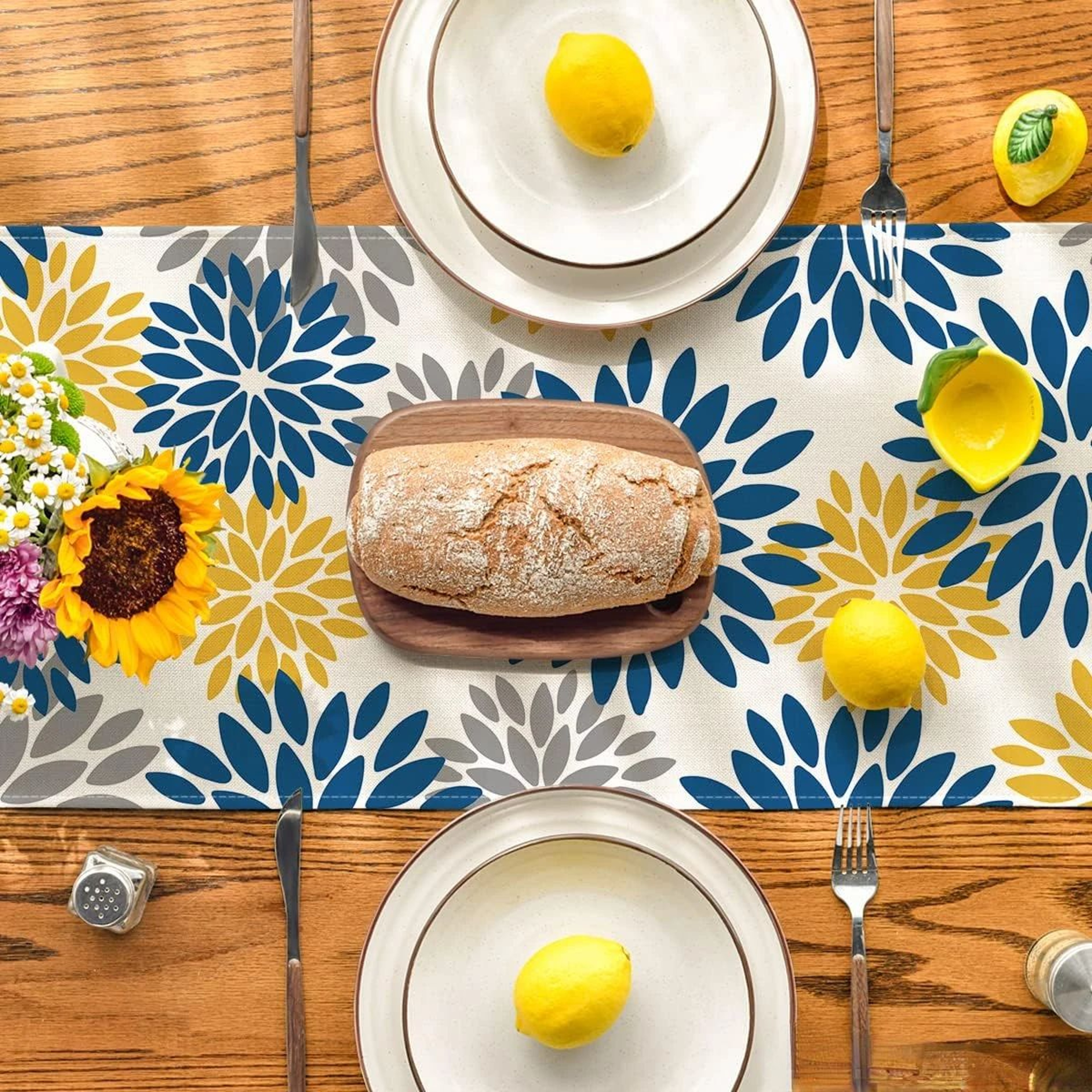Blue Dahlia Floral Linen Table Runner Decor 3