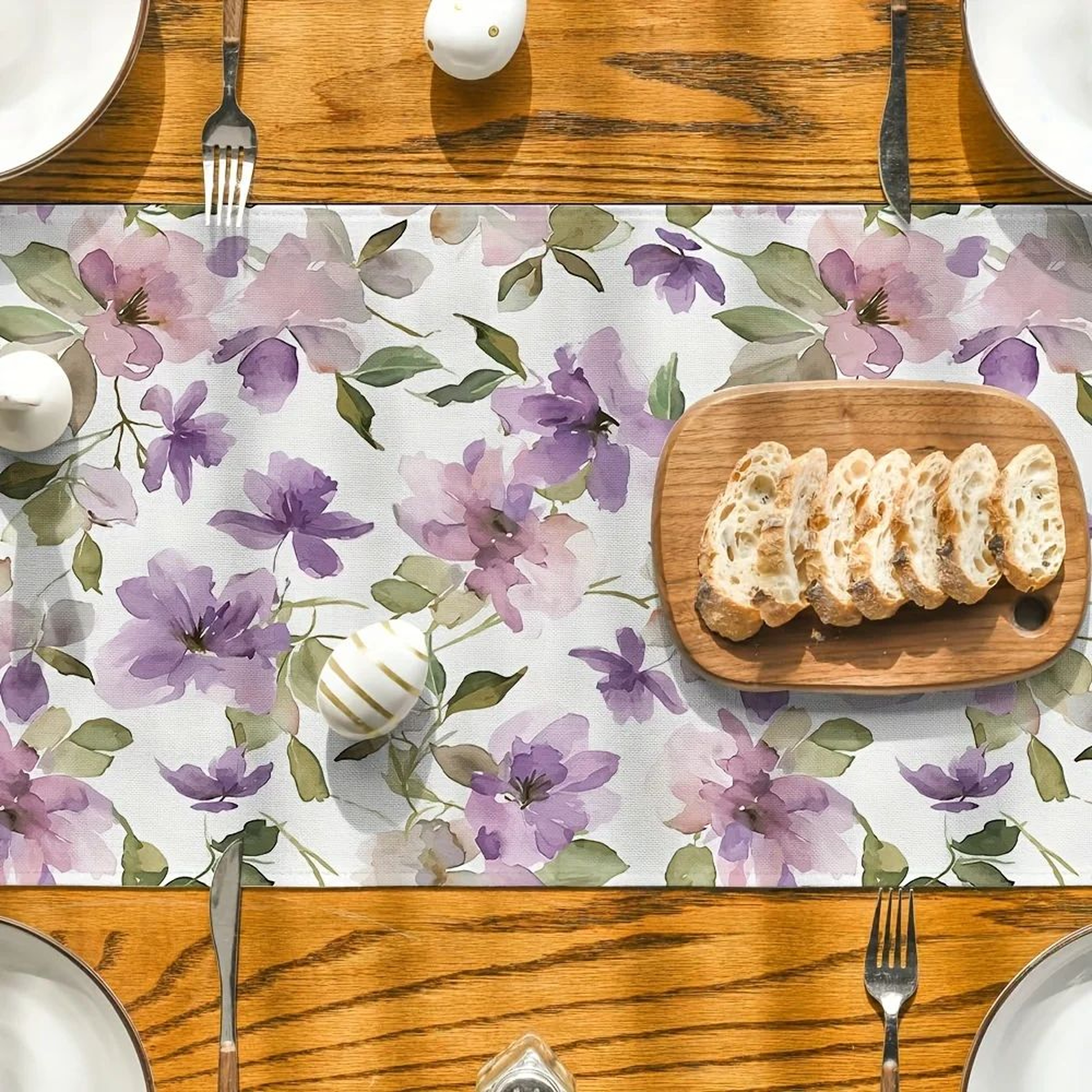 Watercolor Purple Floral Linen Table Runner Decor 5