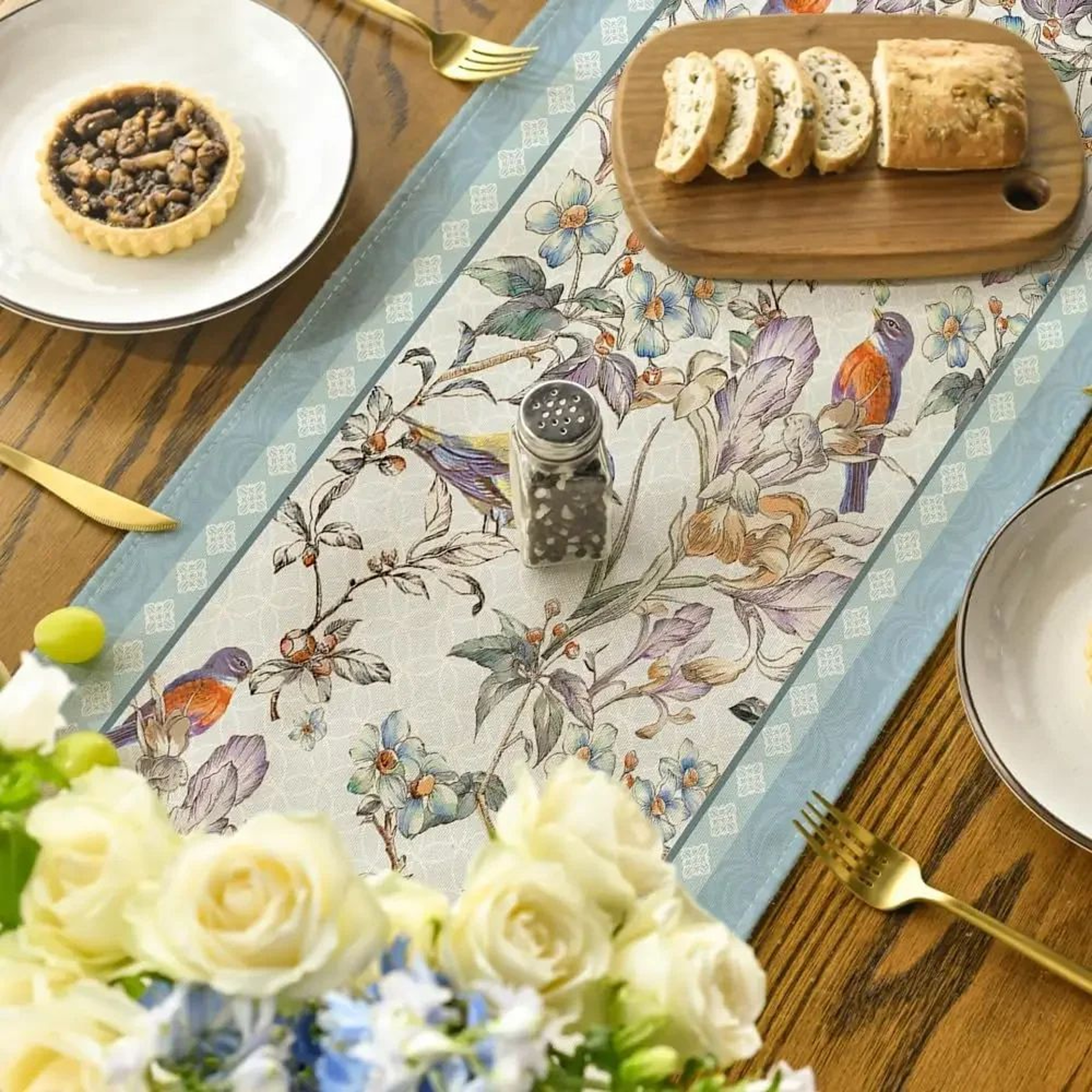 Blue Birds Floral Linen Table Runner Decor 3