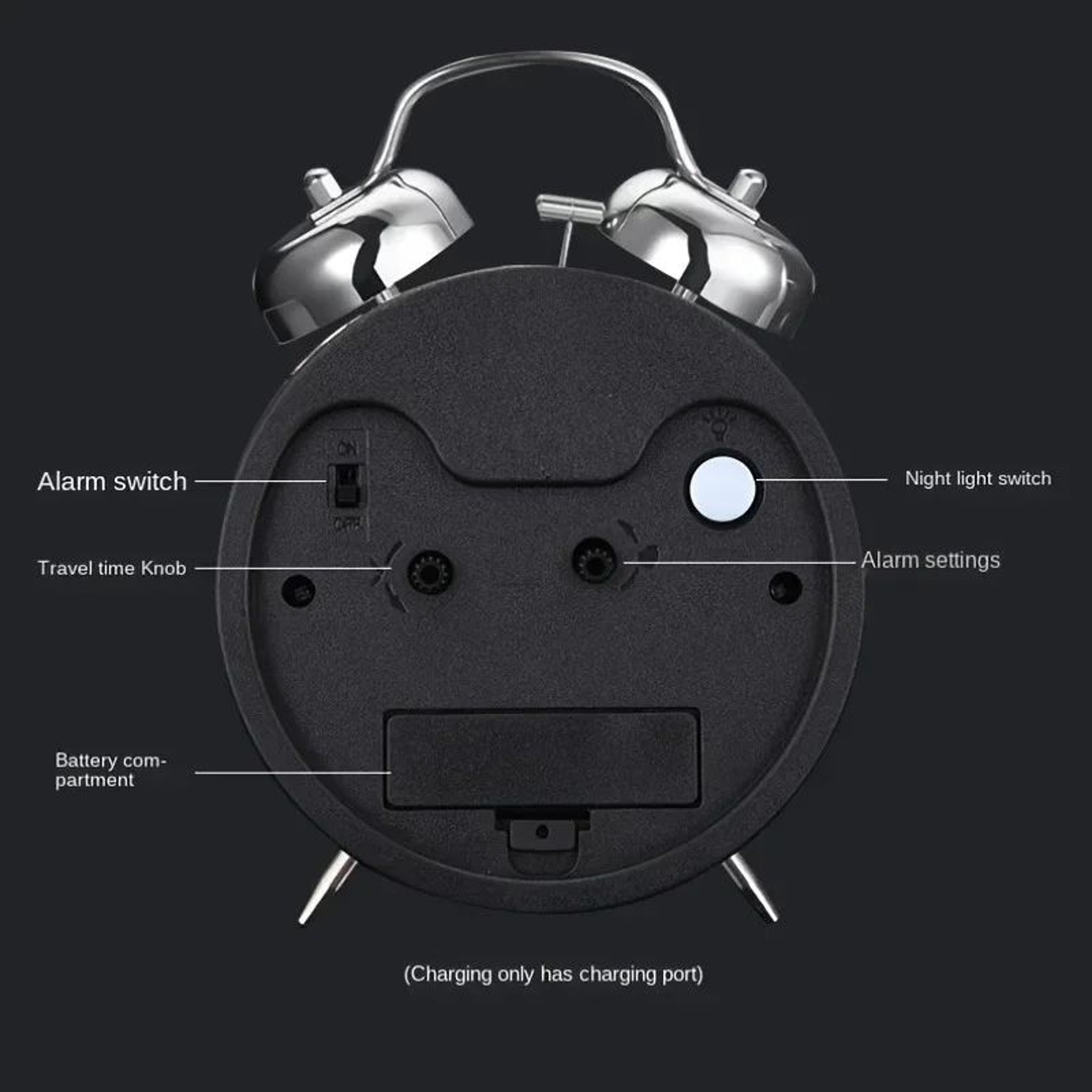 Twin Bell Alarm Clock With Night Light Loud Metal Desk Clock 4