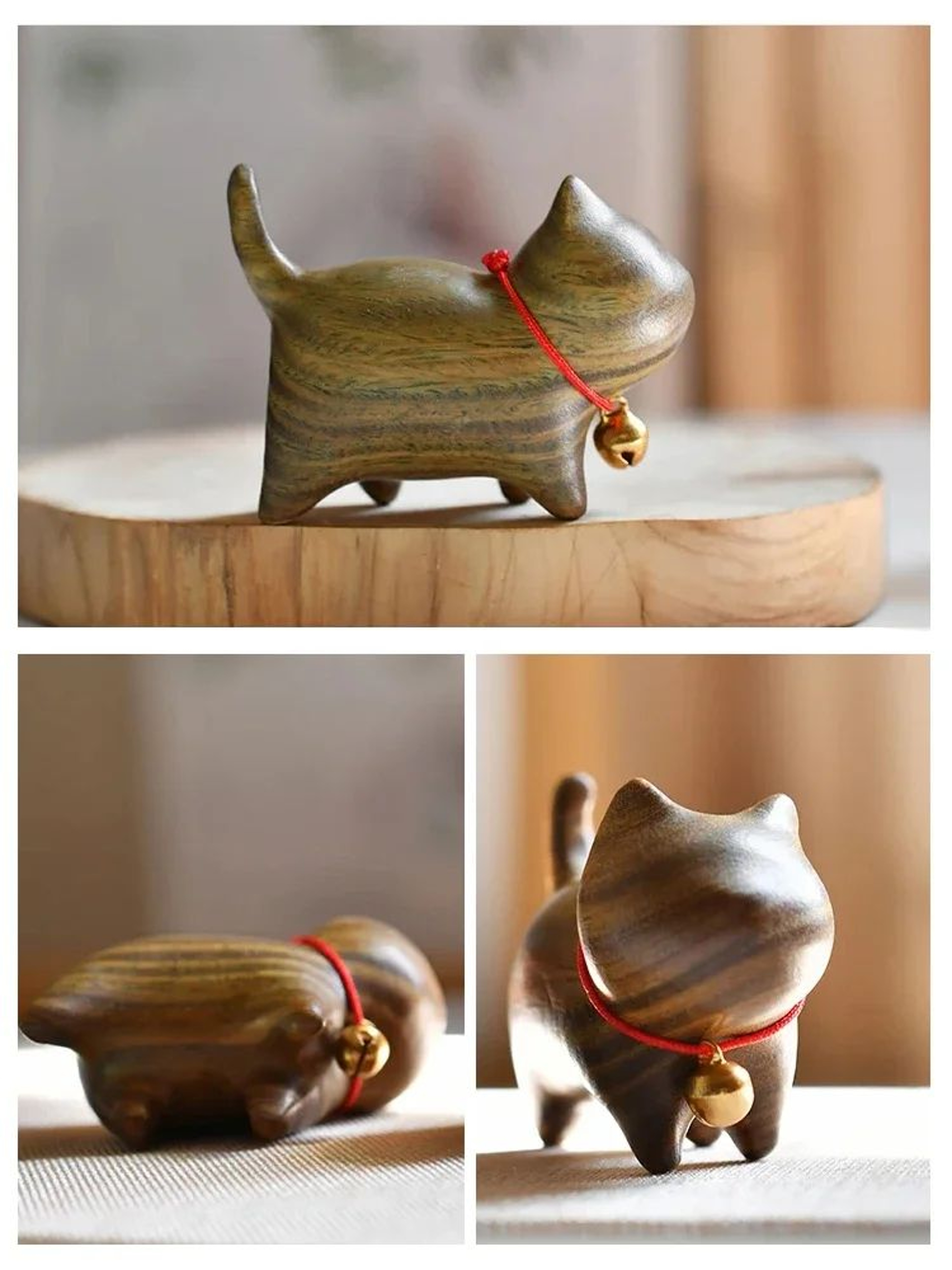 Hand Carved Wooden Cat Figurine Small Natural Wood Decor 7