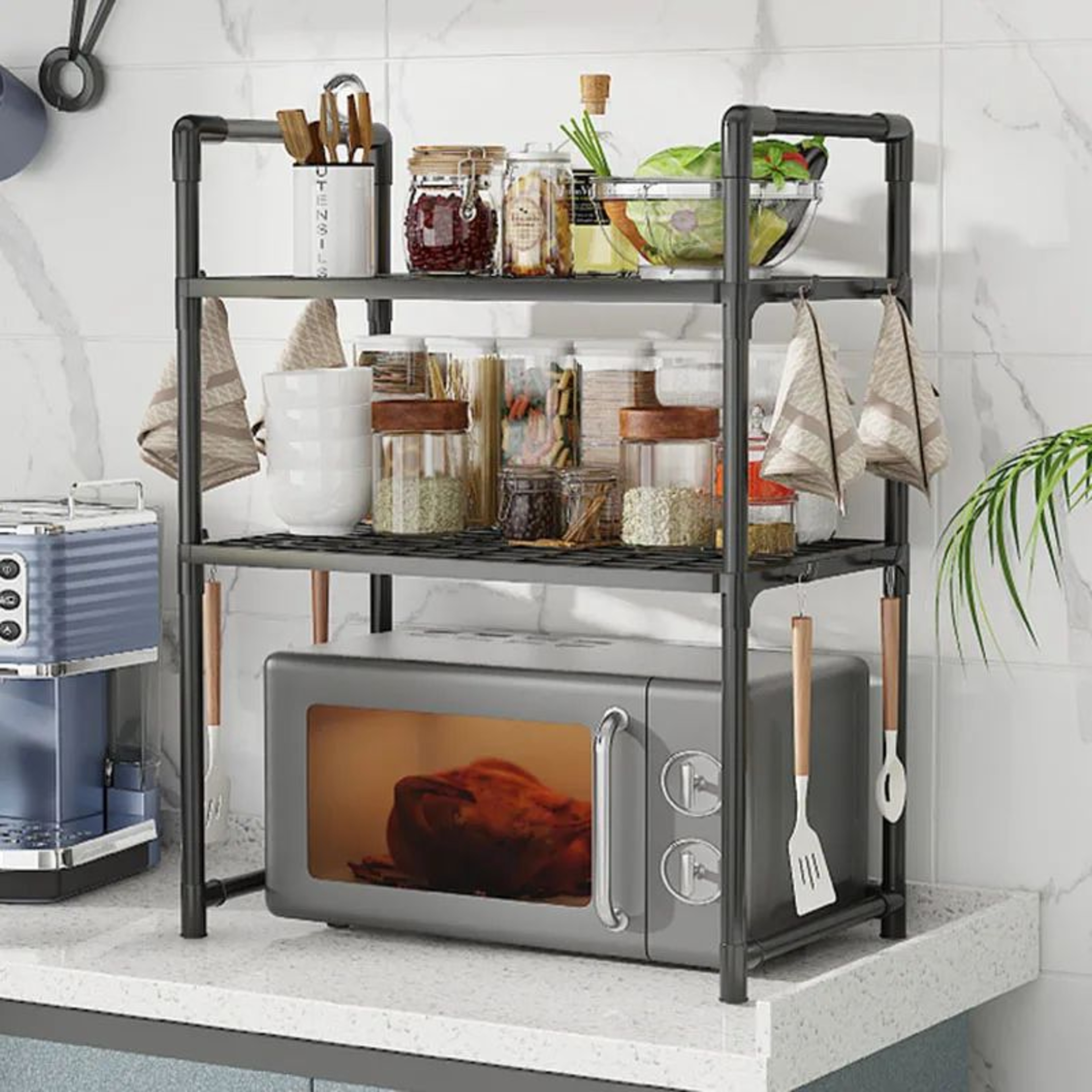 Adjustable Microwave Oven Storage Rack With Hooks 2