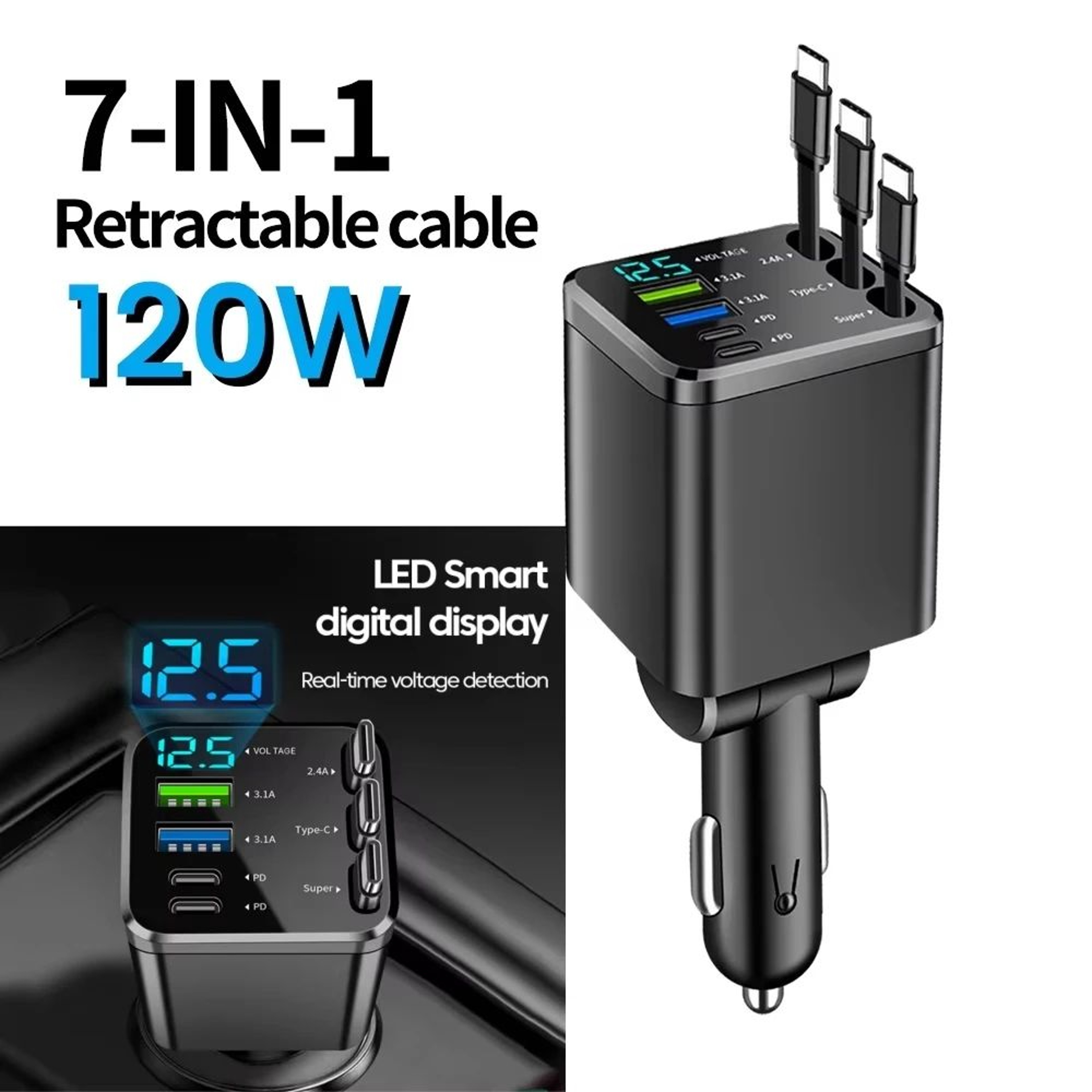 7 In 1 Retractable Car Charger 120W Fast Charging 5