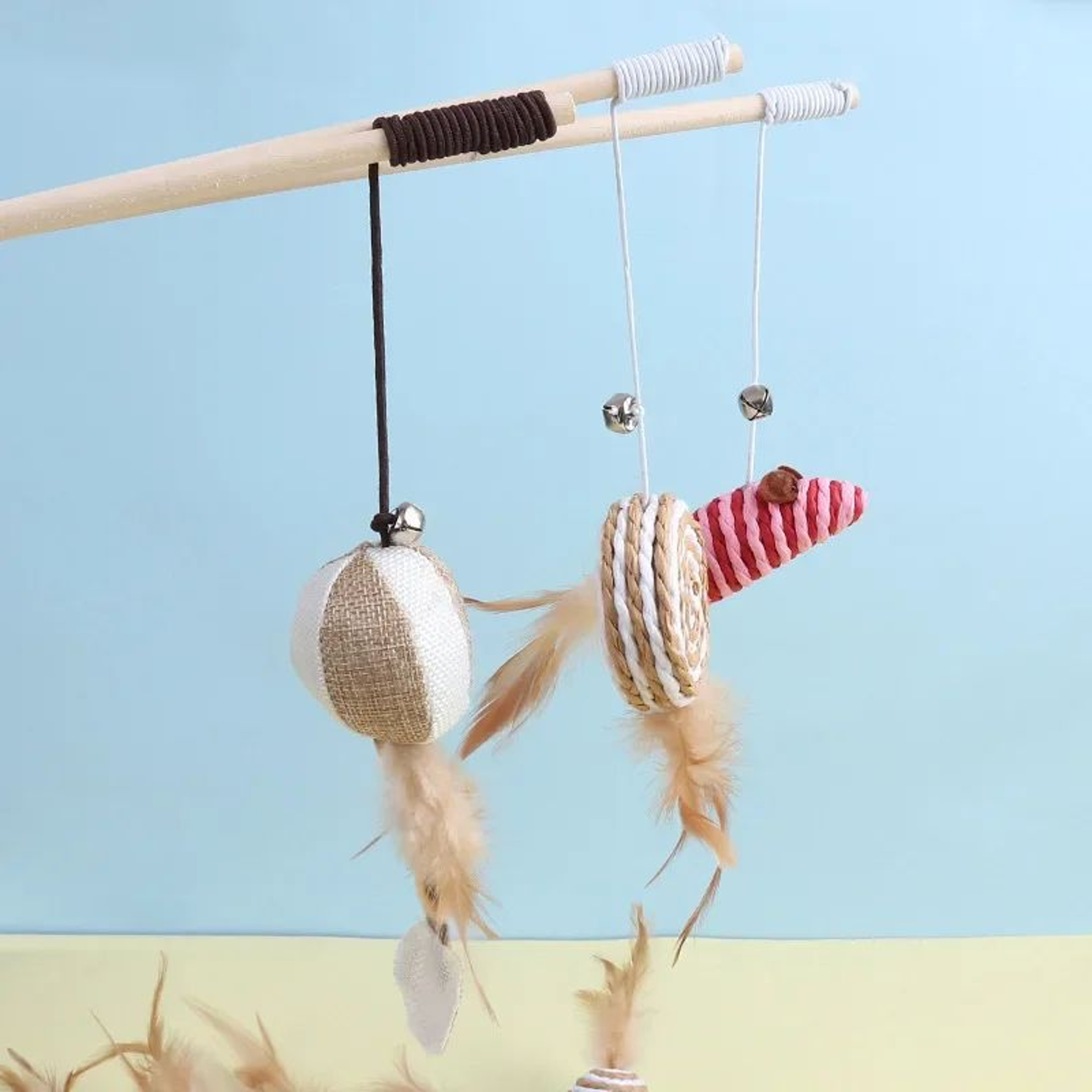 Wooden Cat Teaser Wand With Feather And Bell Toy 3