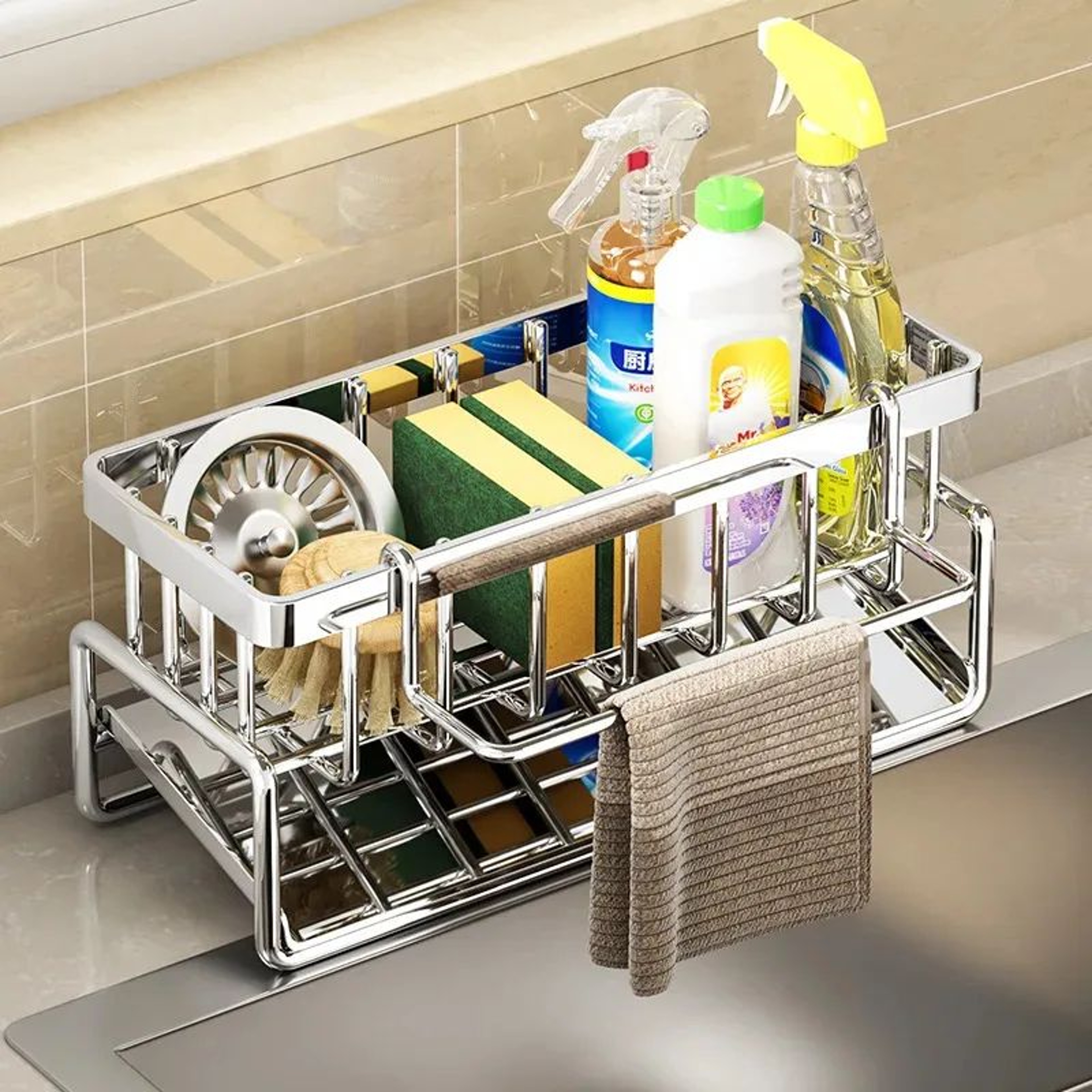 Stainless Steel Sink Organizer With Sponge Holder And Towel Rack 1