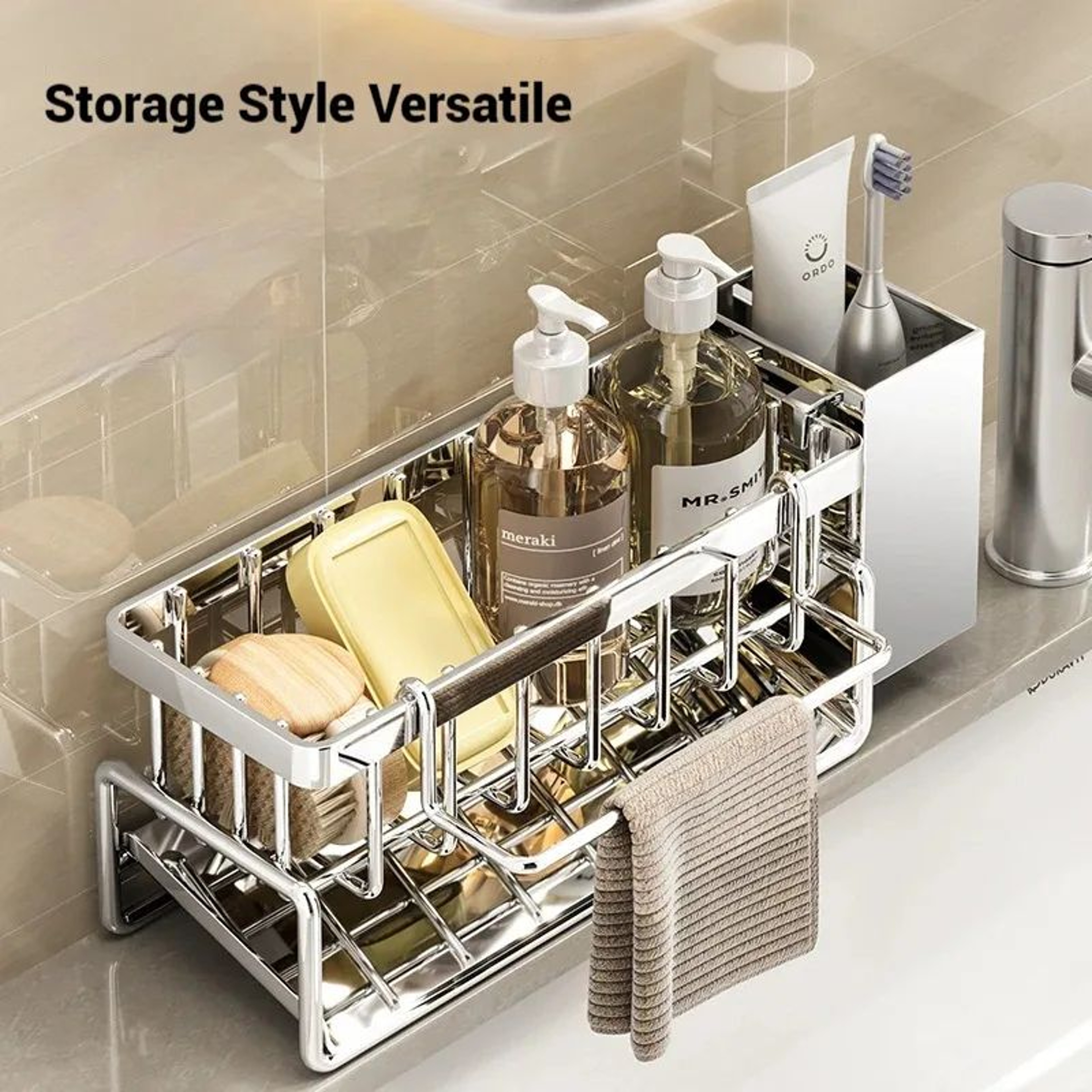 Stainless Steel Sink Organizer With Sponge Holder And Towel Rack 5