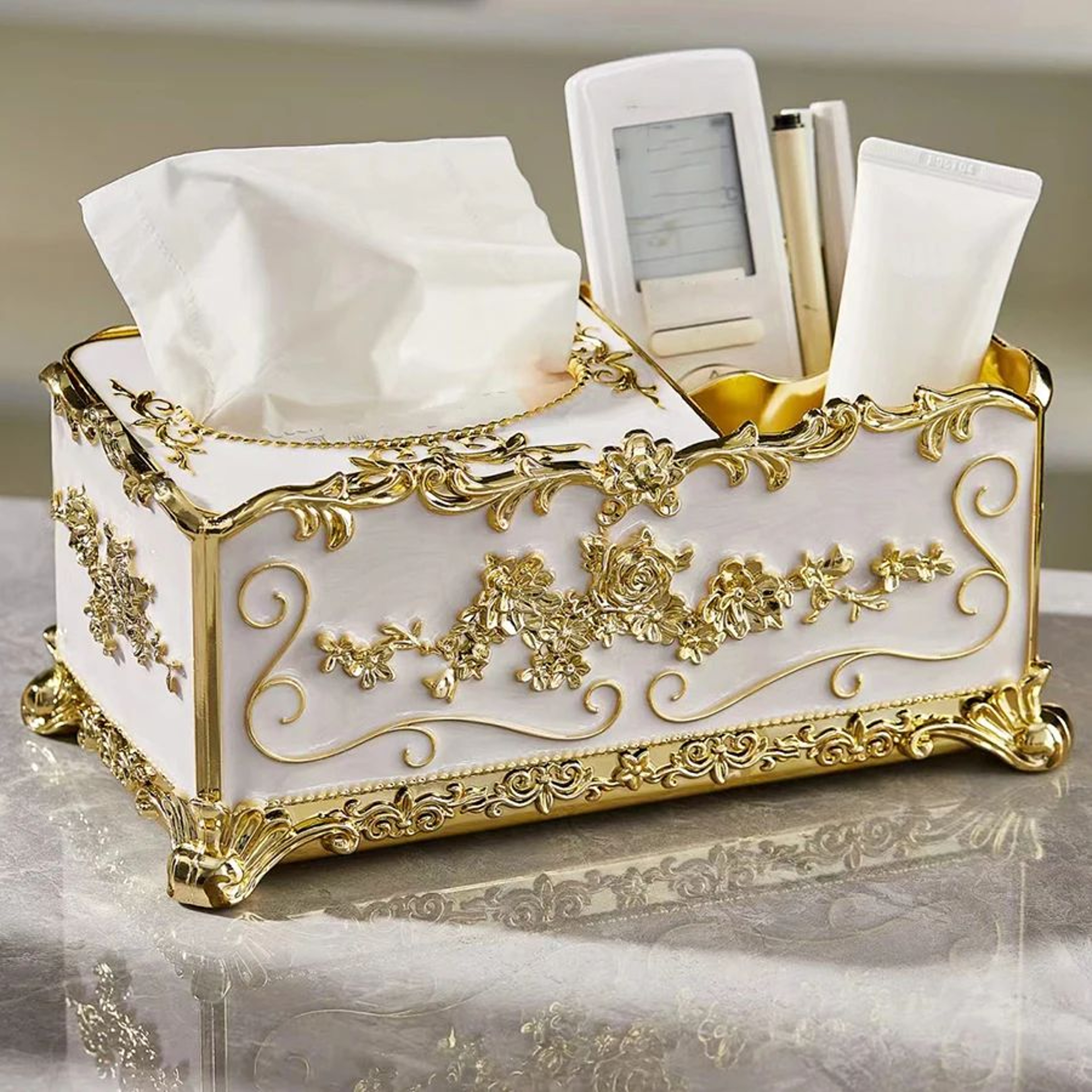 European Style Tissue Box With Remote Control Storage Organizer 1