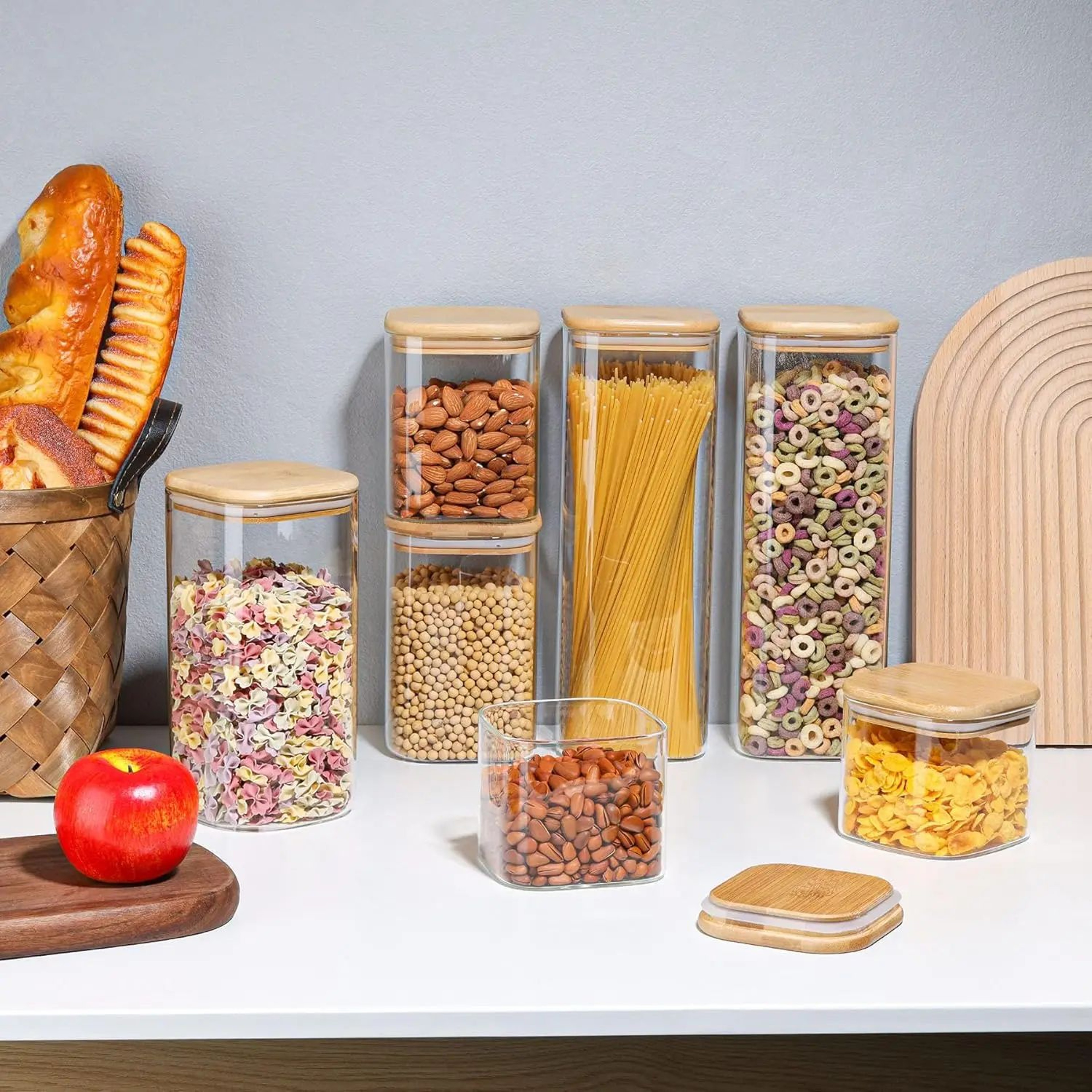 Square Glass Storage Jar Set With Bamboo Lids For Pantry Organization 0
