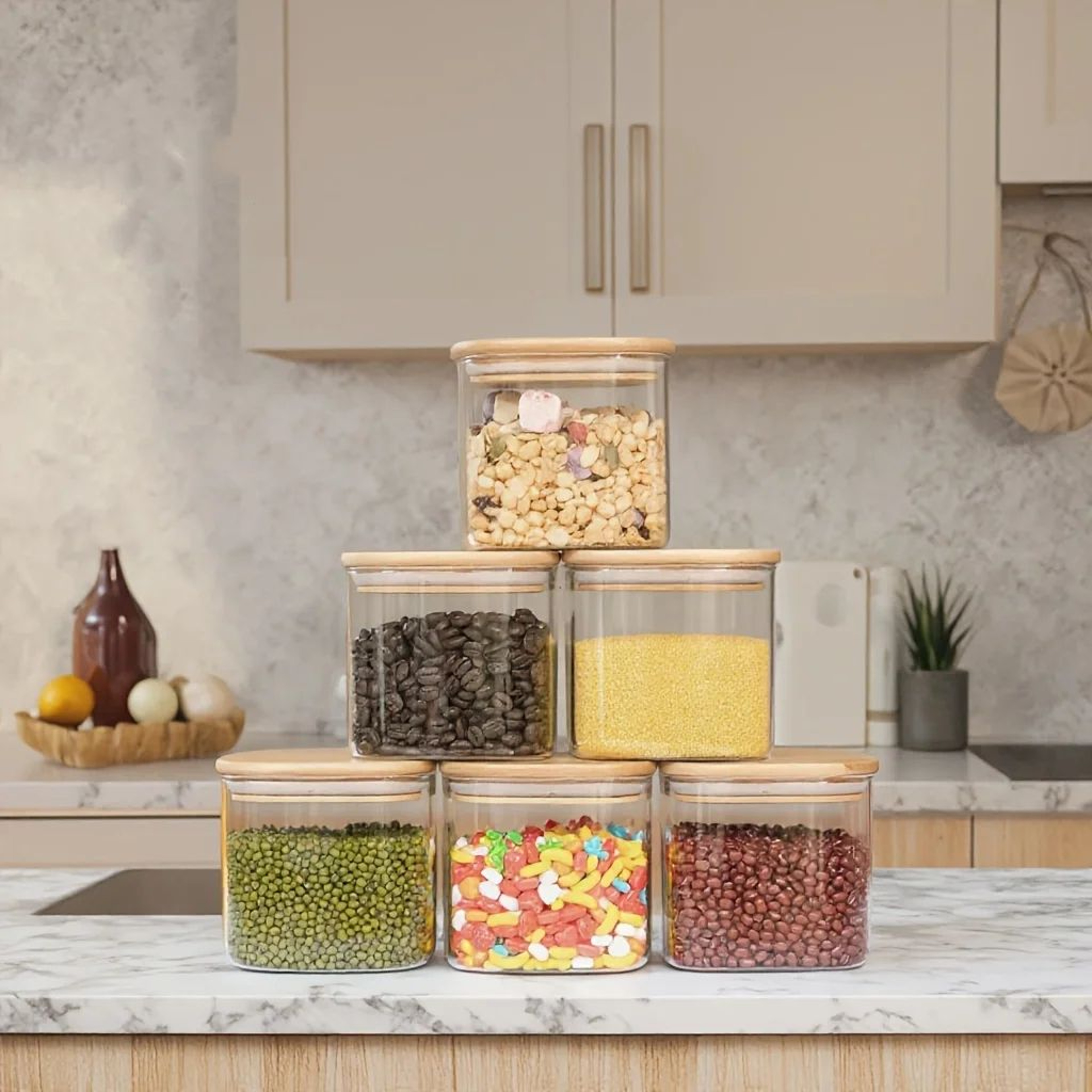 Square Glass Storage Jar Set With Bamboo Lids For Pantry Organization 11