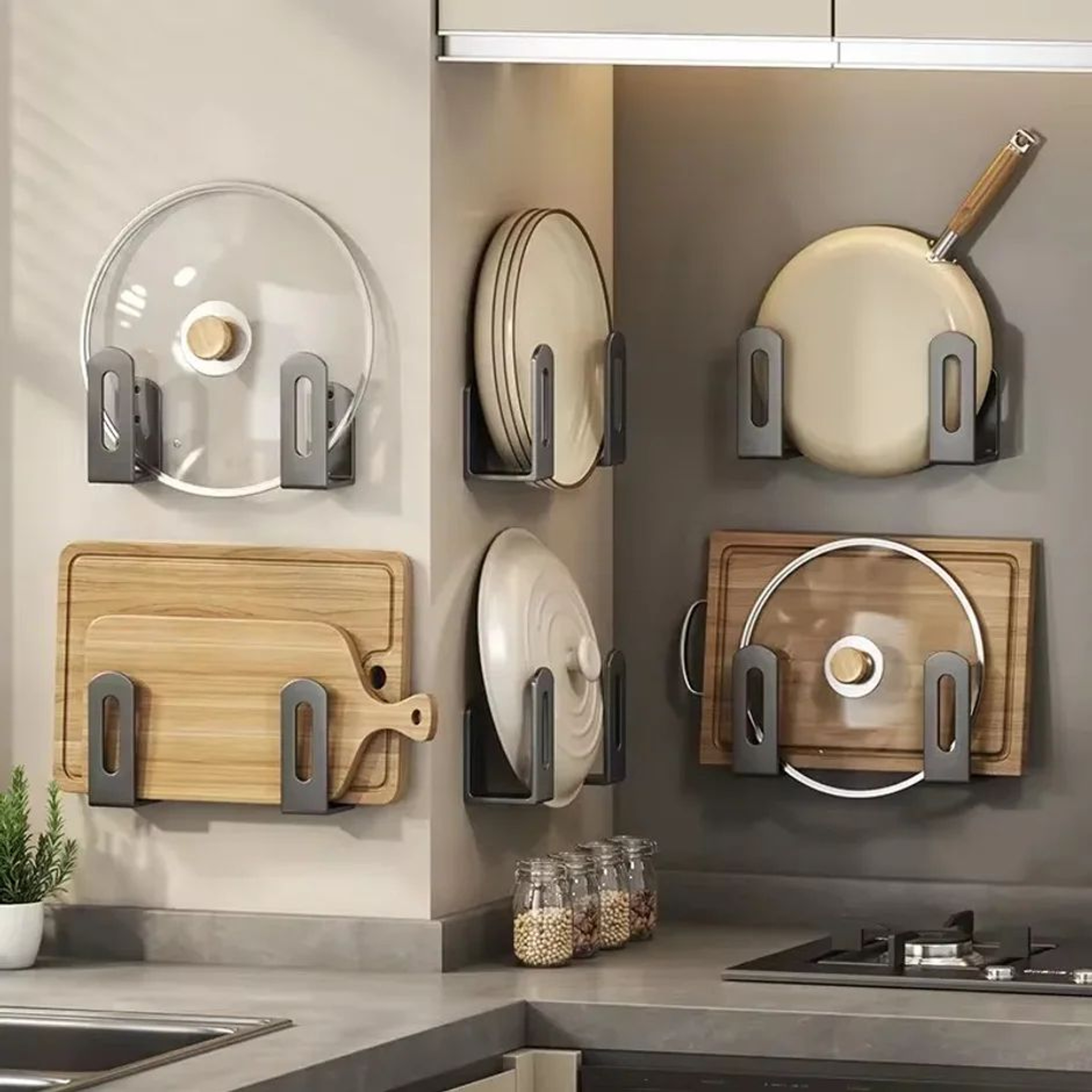 Wall Mounted Pot Lid And Cutting Board Organizer Set 1
