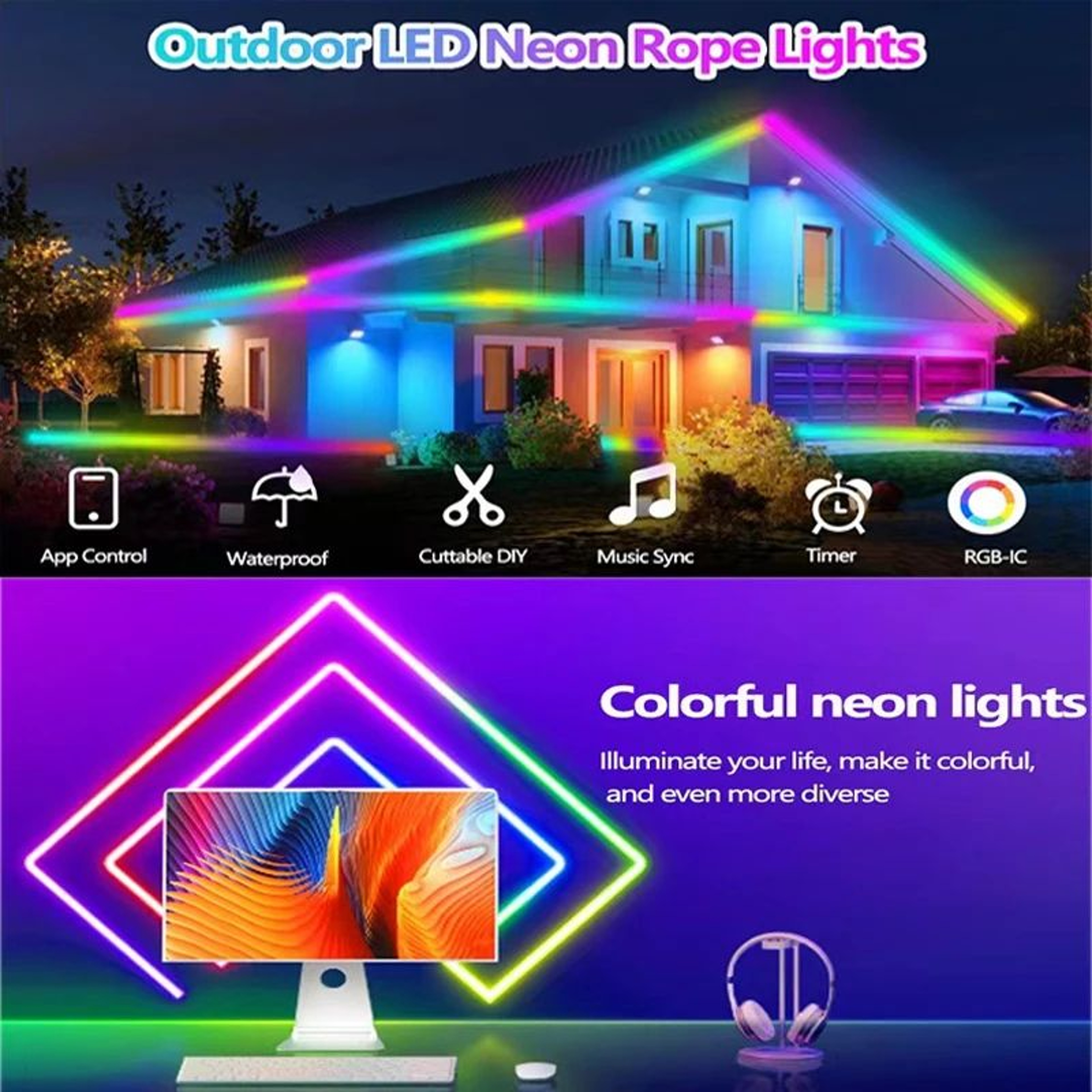 RGB LED Neon Strip Light Bluetooth Music Sync Waterproof 4