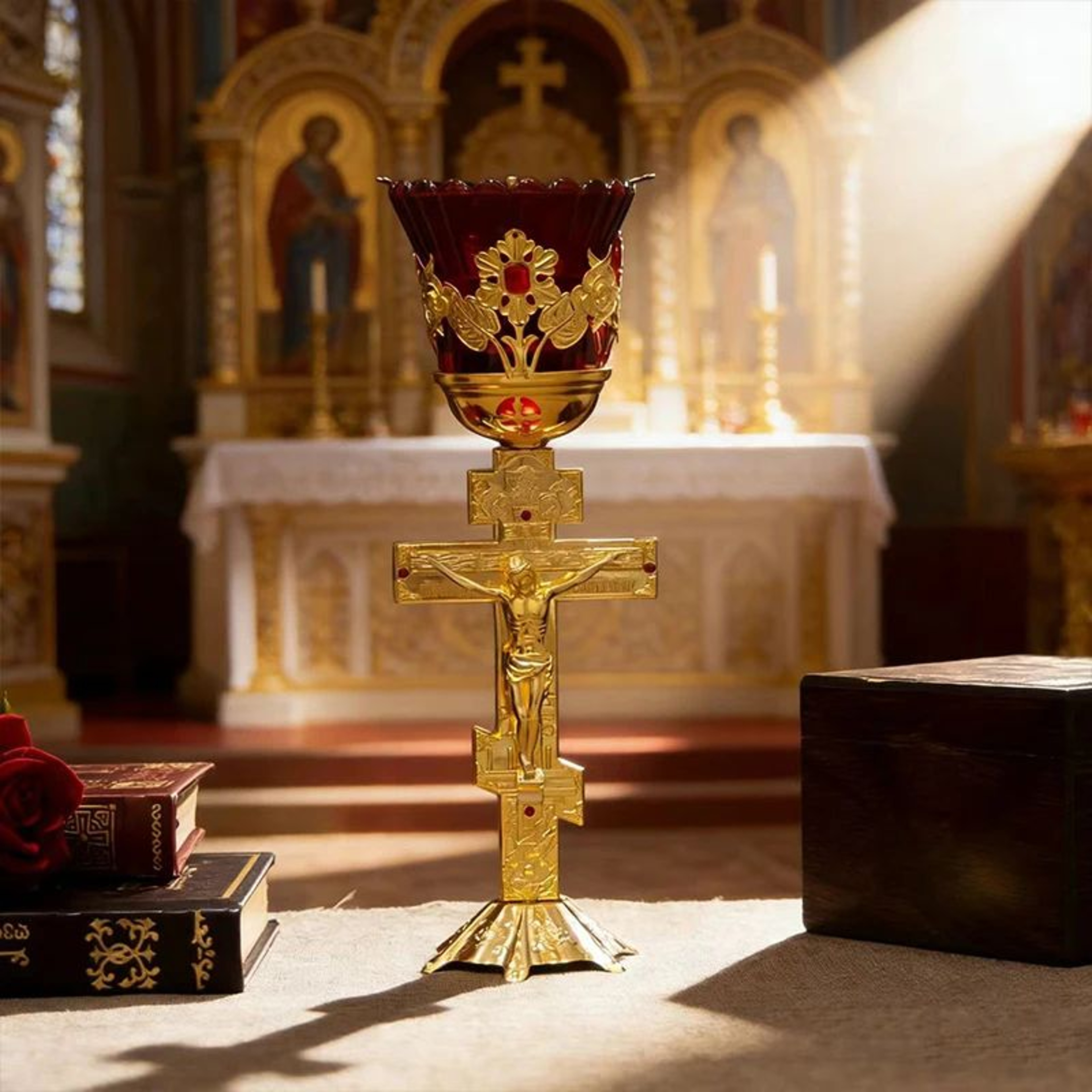 Gold Plated Orthodox Standing Cross Vigil Lamp With Red Glass Shade 2