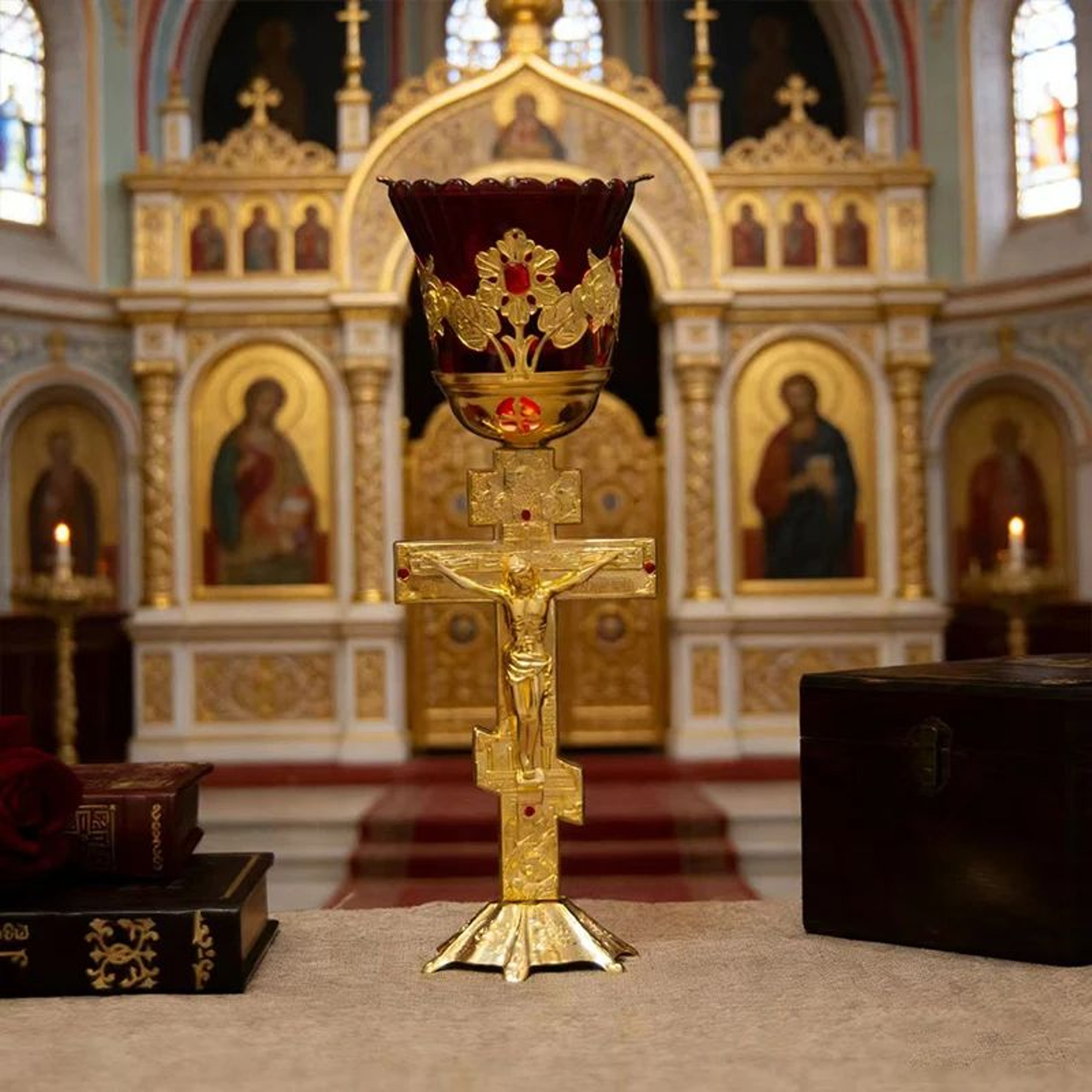 Gold Plated Orthodox Standing Cross Vigil Lamp With Red Glass Shade 5