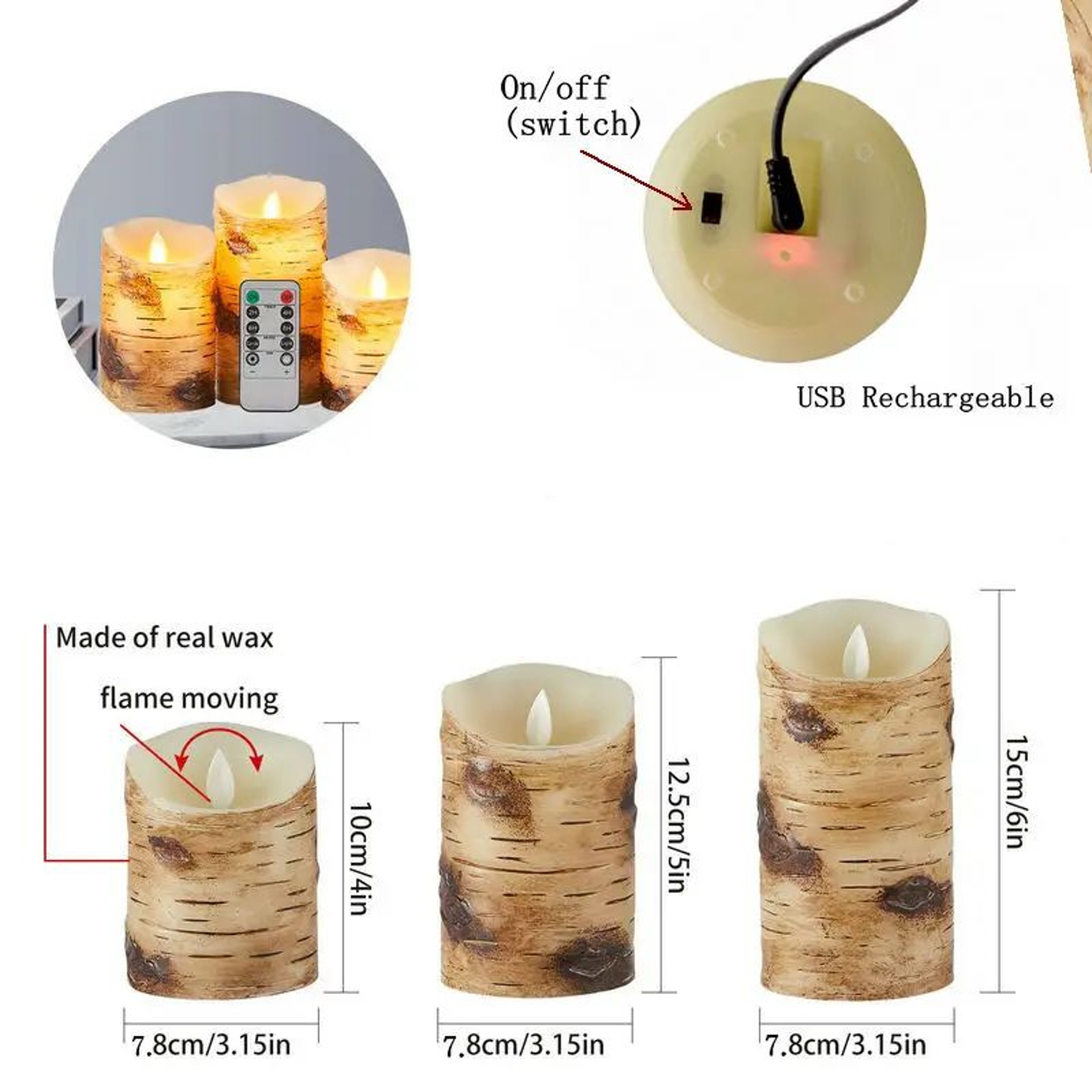 USB Rechargeable Birch Bark Flameless LED Pillar Candle With Remote 4