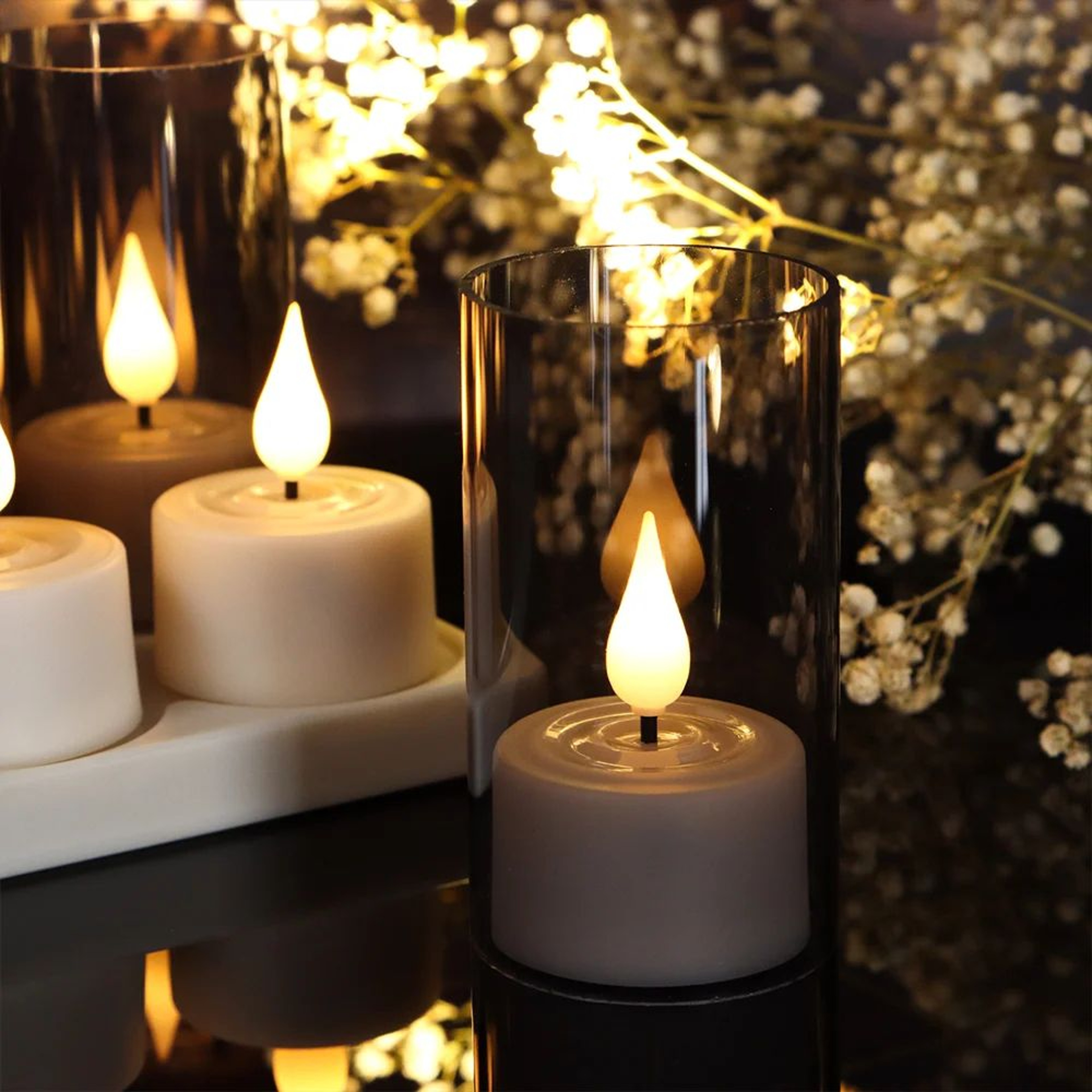 Rechargeable LED Tea Light Candles With Timer And Black Cups Set 2