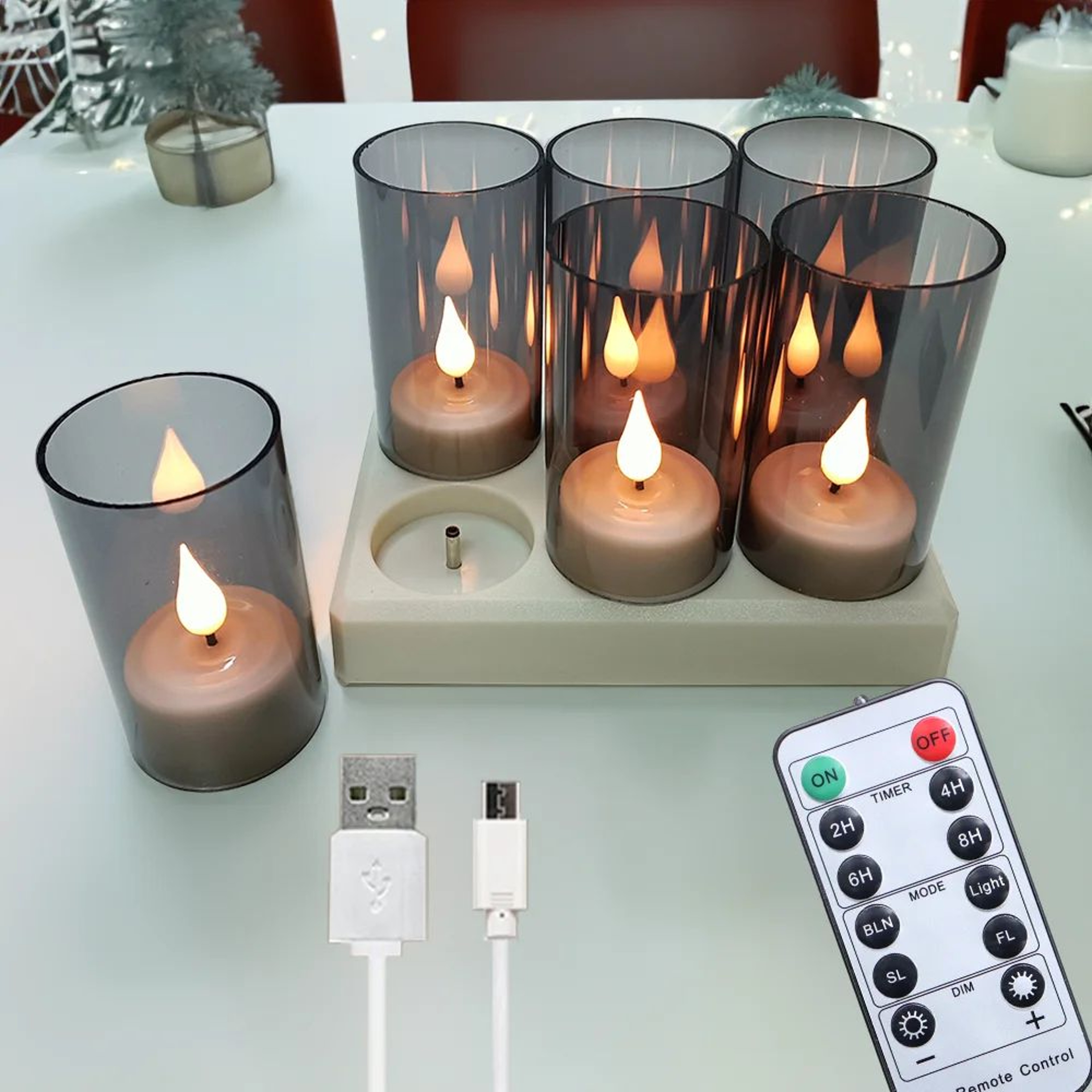 Rechargeable LED Tea Light Candles With Timer And Black Cups Set 7